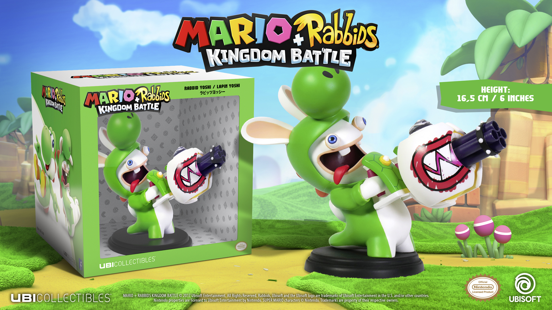 Figurka Mario + Rabbids przedstawiająca zielonego Rabbid Yoshiego z bronią. Widoczne opakowanie.