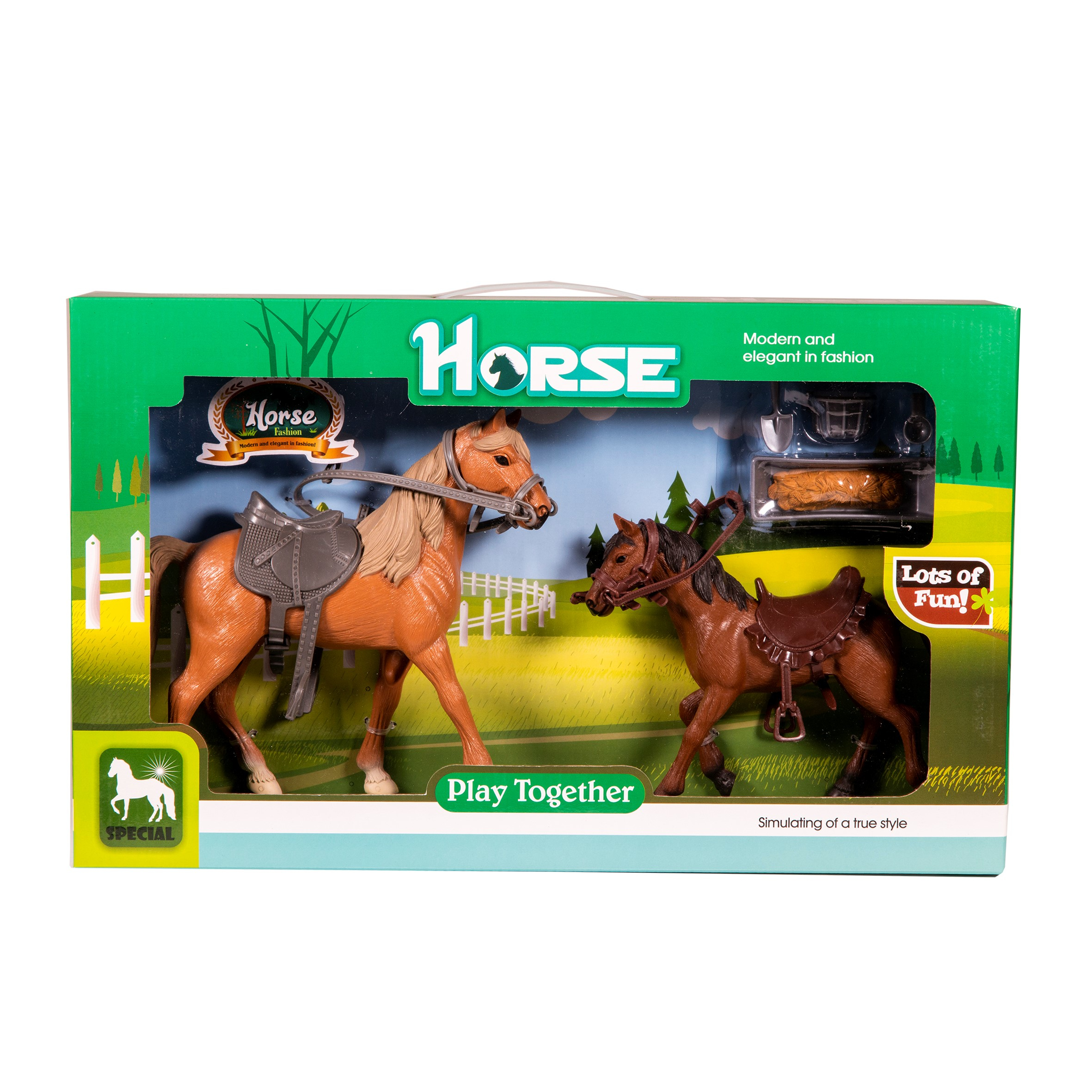 Set di cavalli giocattolo in confezione, con un cavallo marrone chiaro e uno marrone scuro con selle.