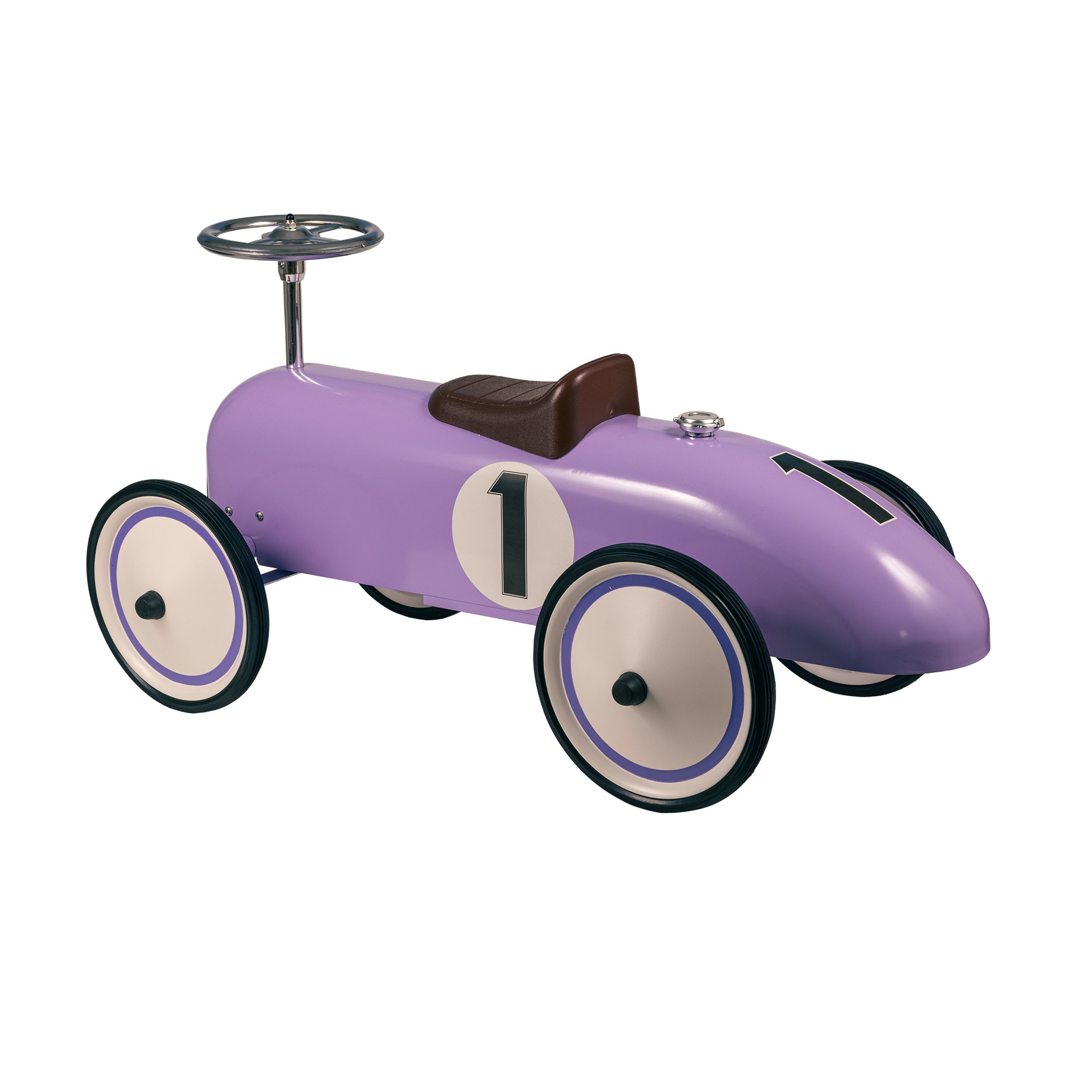 Giocattolo auto da corsa vintage viola con il numero 1 e ruote argentate.