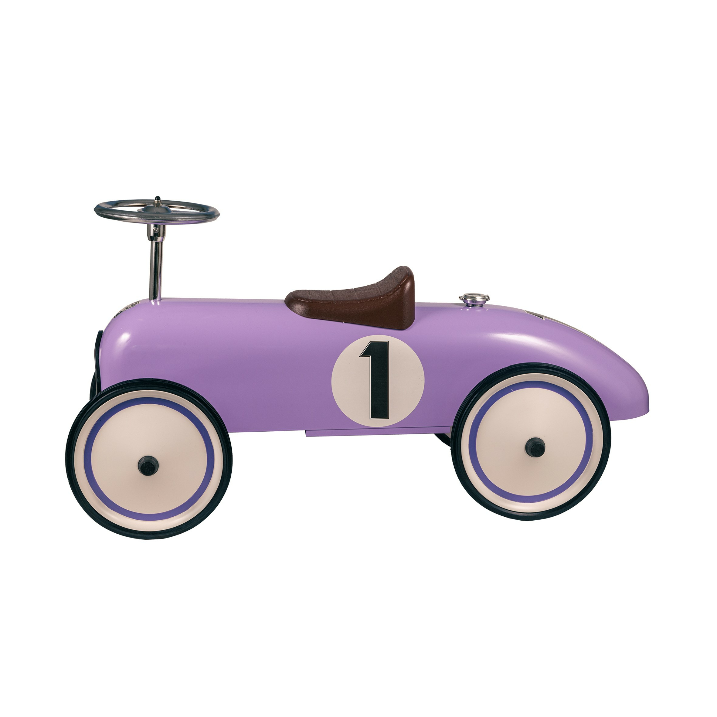Un'auto da corsa giocattolo viola con il numero uno sul lato. Ha ruote bianche e un piccolo volante.