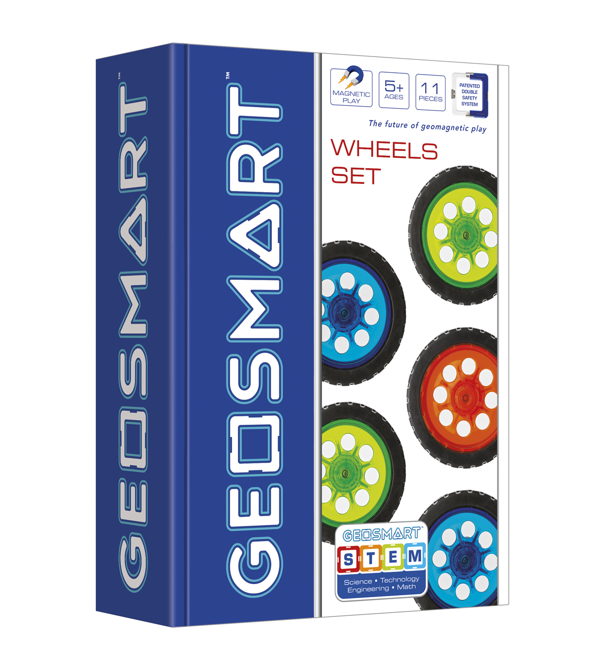 Una scatola di Geogsmart Wheels Set. Ha sei ruote colorate nella parte anteriore. La scatola è blu e bianca.