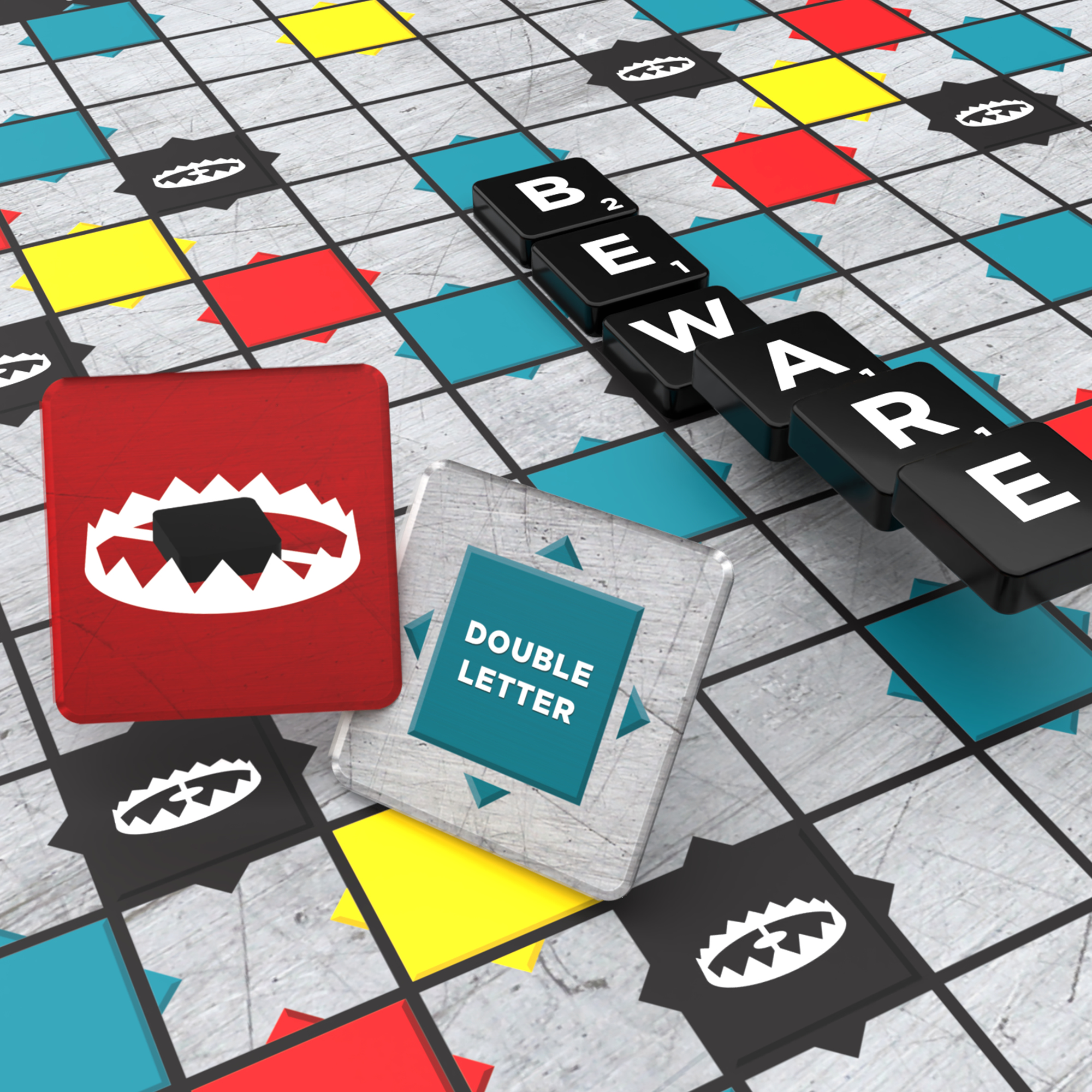 Plansza do gry Scrabble z literami, które układają słowo „BEWARE”. Widoczny jest kafelek z podwójną literą i kafelek z pułapką.