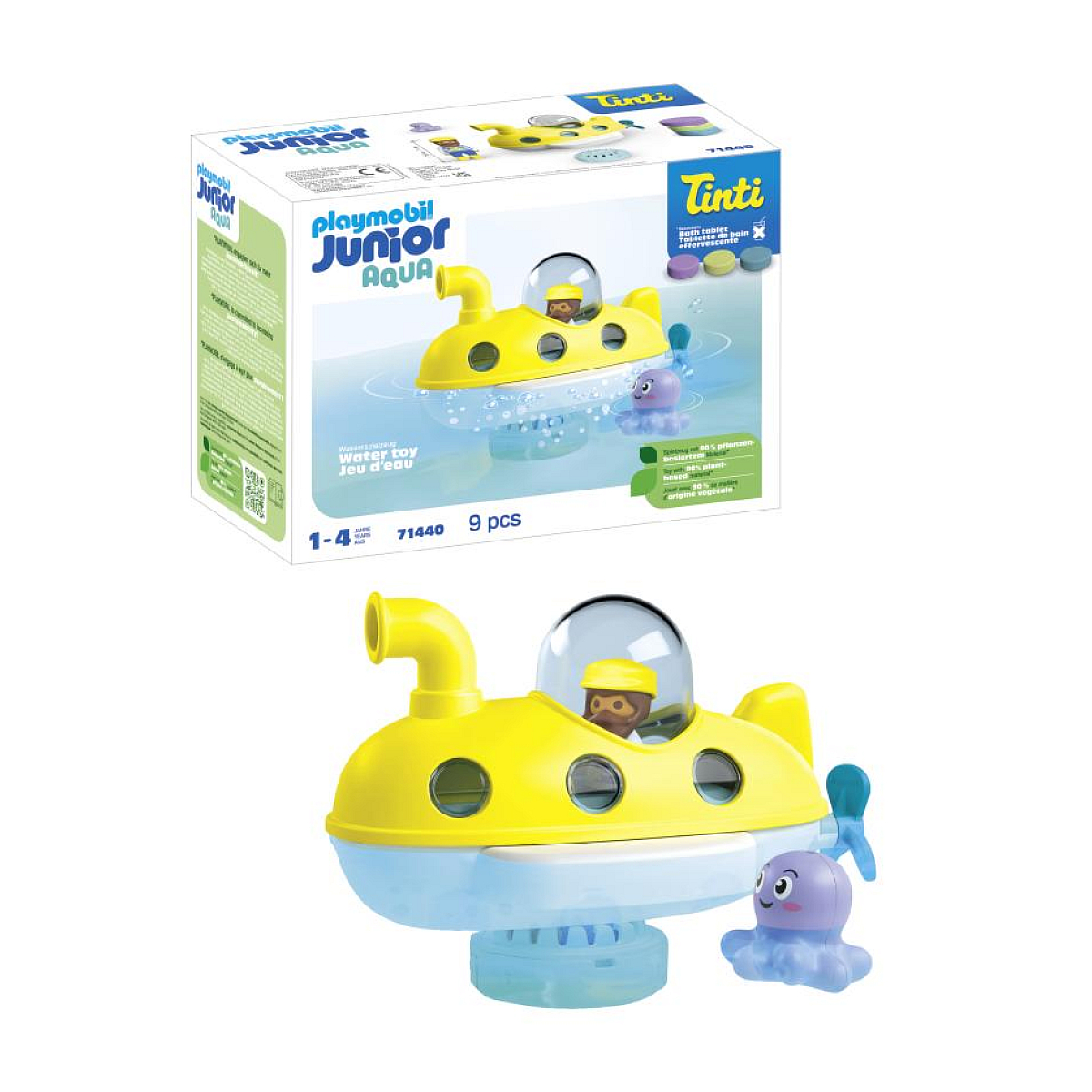 Set di giocattoli Playmobil Junior Aqua sottomarino in una scatola, con sottomarino e polpo.