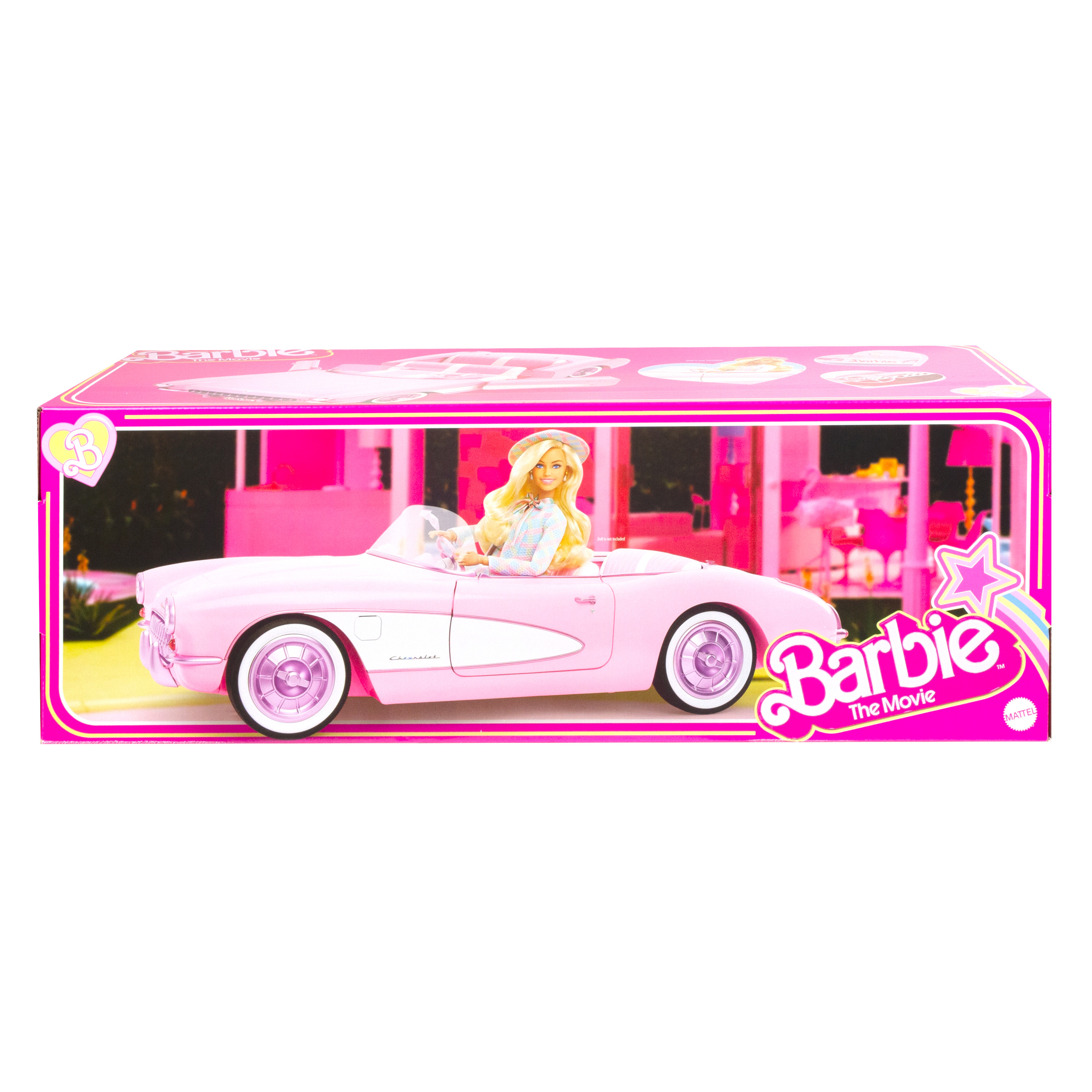 Różowy kabriolet Barbie, zabawka z figurką Barbie w środku. Na różowym pudełku.