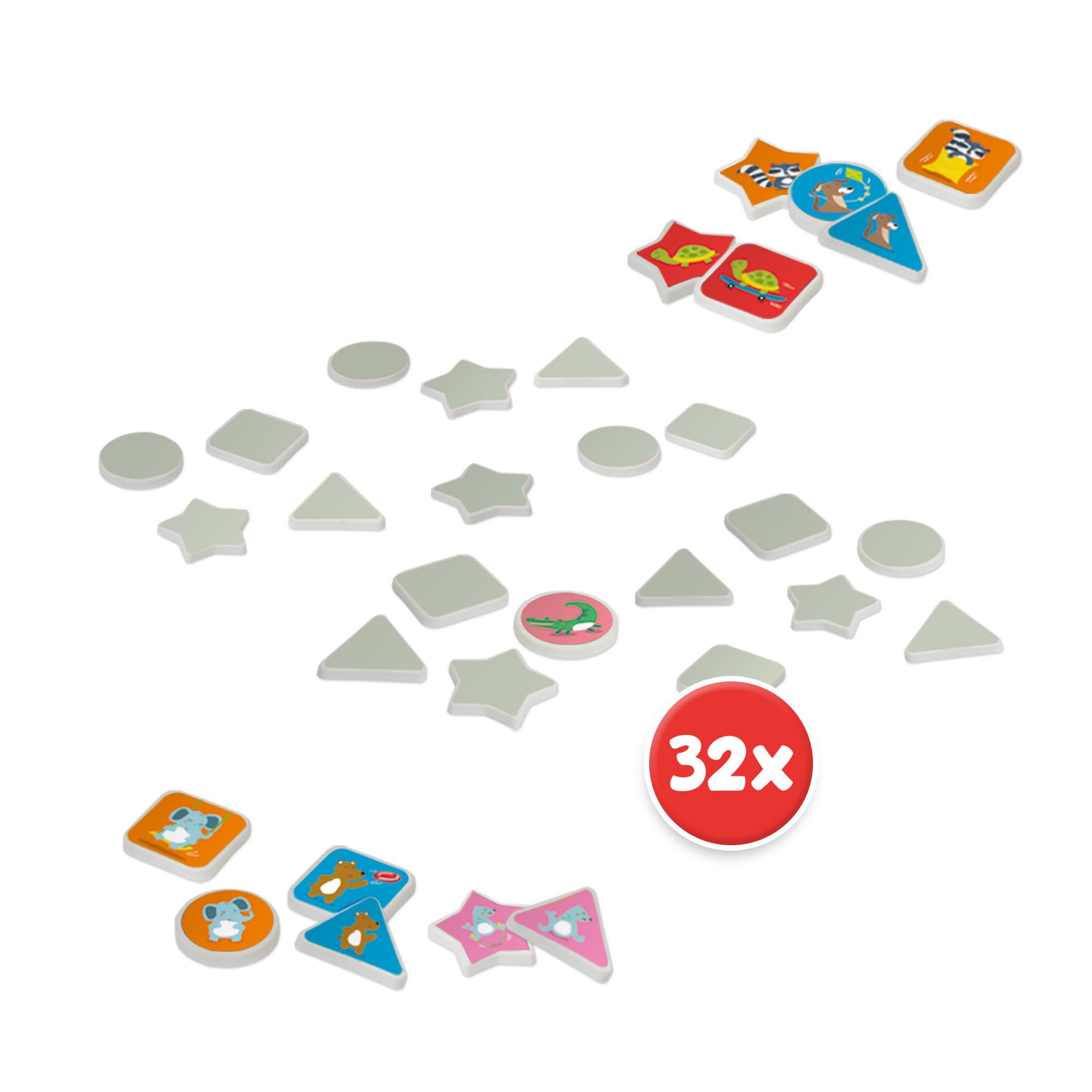 Jeu de mémoire avec des cartes d'animaux et des formes grises. Un cercle rouge avec 32x. Fond blanc.
