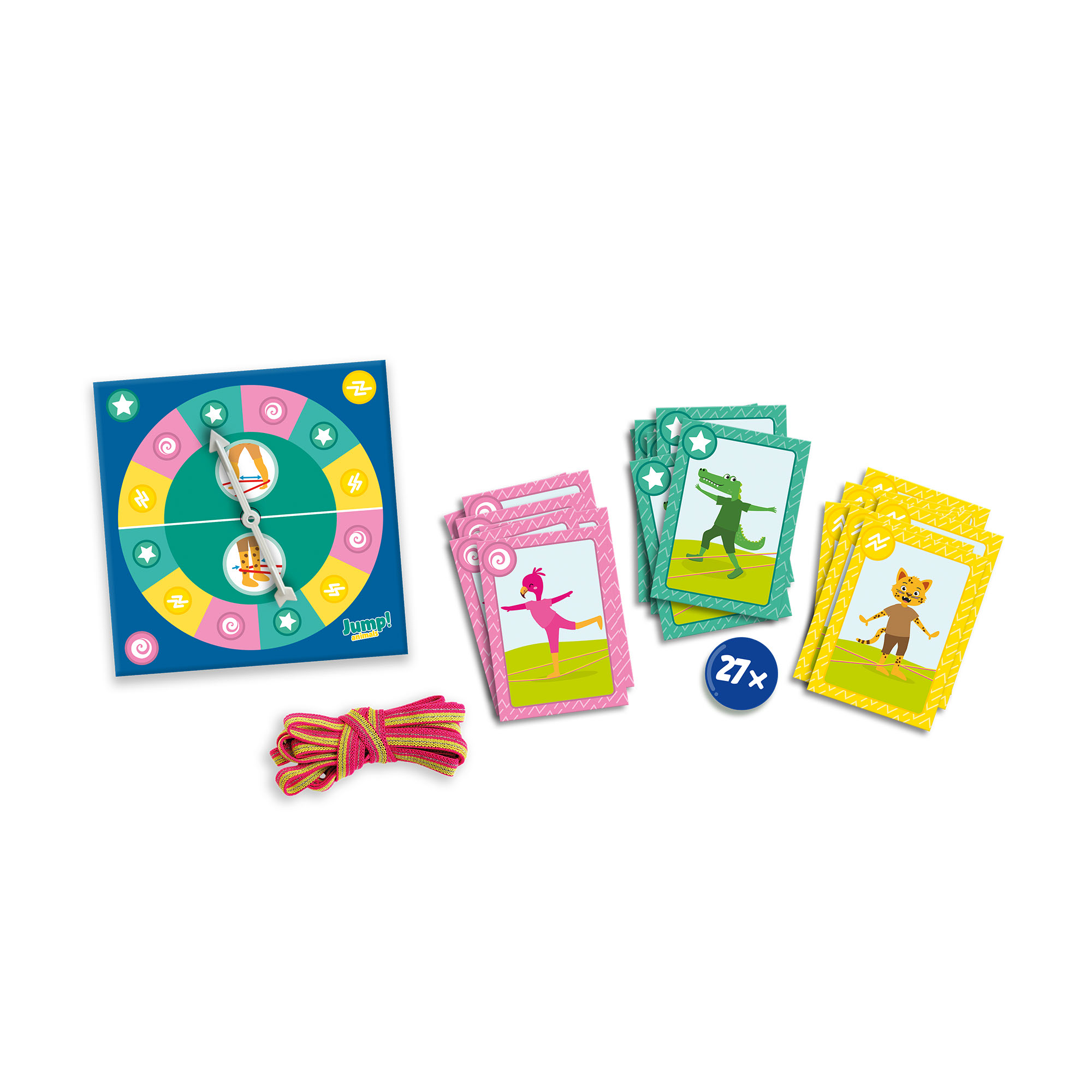 Primer plano de un juego de mesa con cartas, una ruleta y una cuerda rosa. Las cartas muestran ilustraciones de animales.