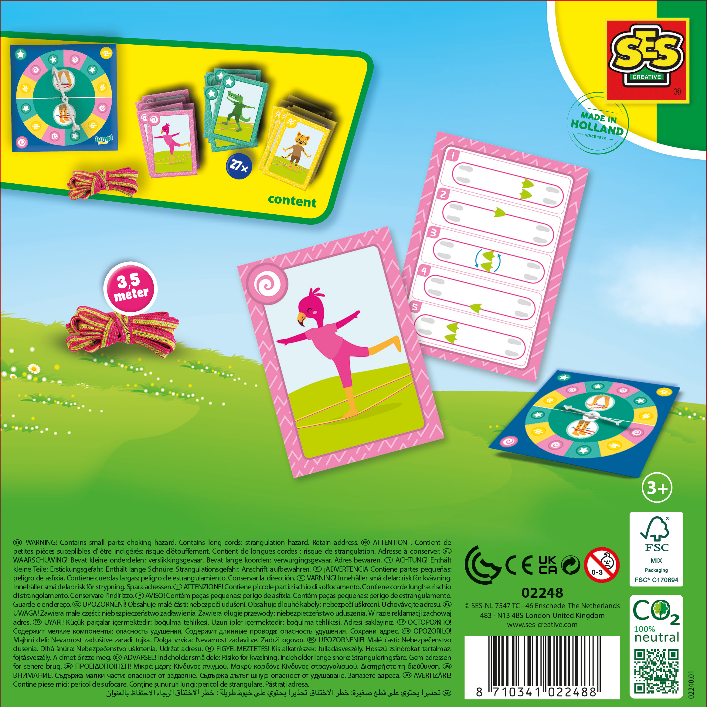 Parte trasera de la caja del juego 'Jump! animals'. Muestra cartas, una cuerda y un girador con texto e imágenes.
