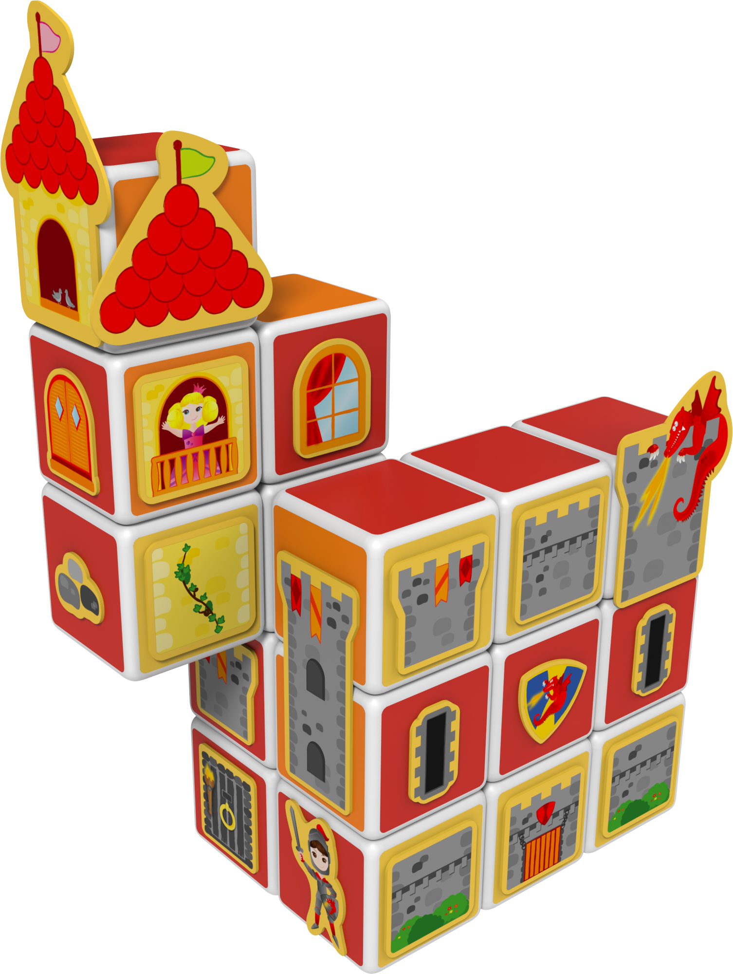 Blocchi castello giocattolo costruiti a forma di torre, con colori rossi e arancioni.