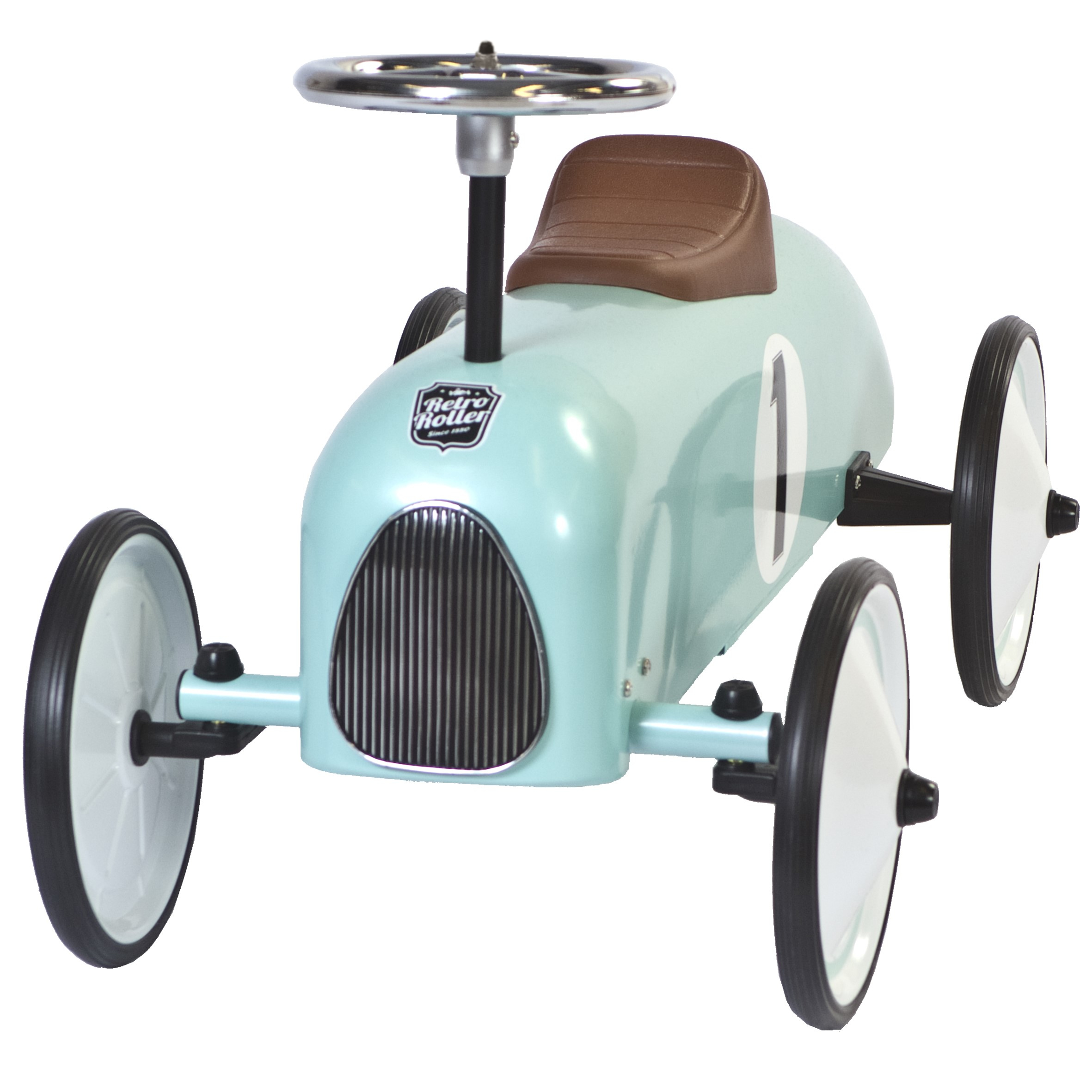 Un'auto da corsa giocattolo azzurra con sedile marrone e ruote nere.