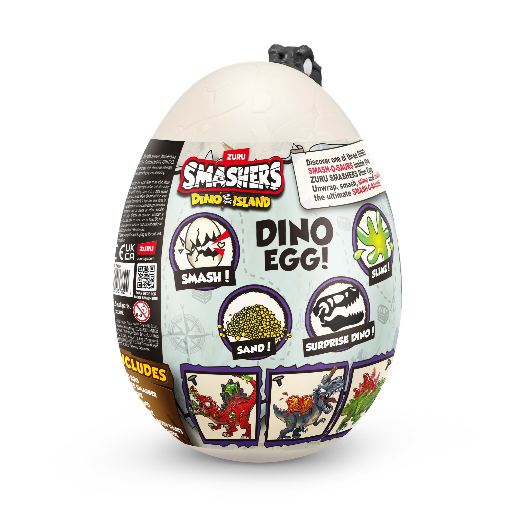 Giocattolo Smashers Dino Egg, un uovo bianco con immagini di dinosauri e la parola 'Smashers'.