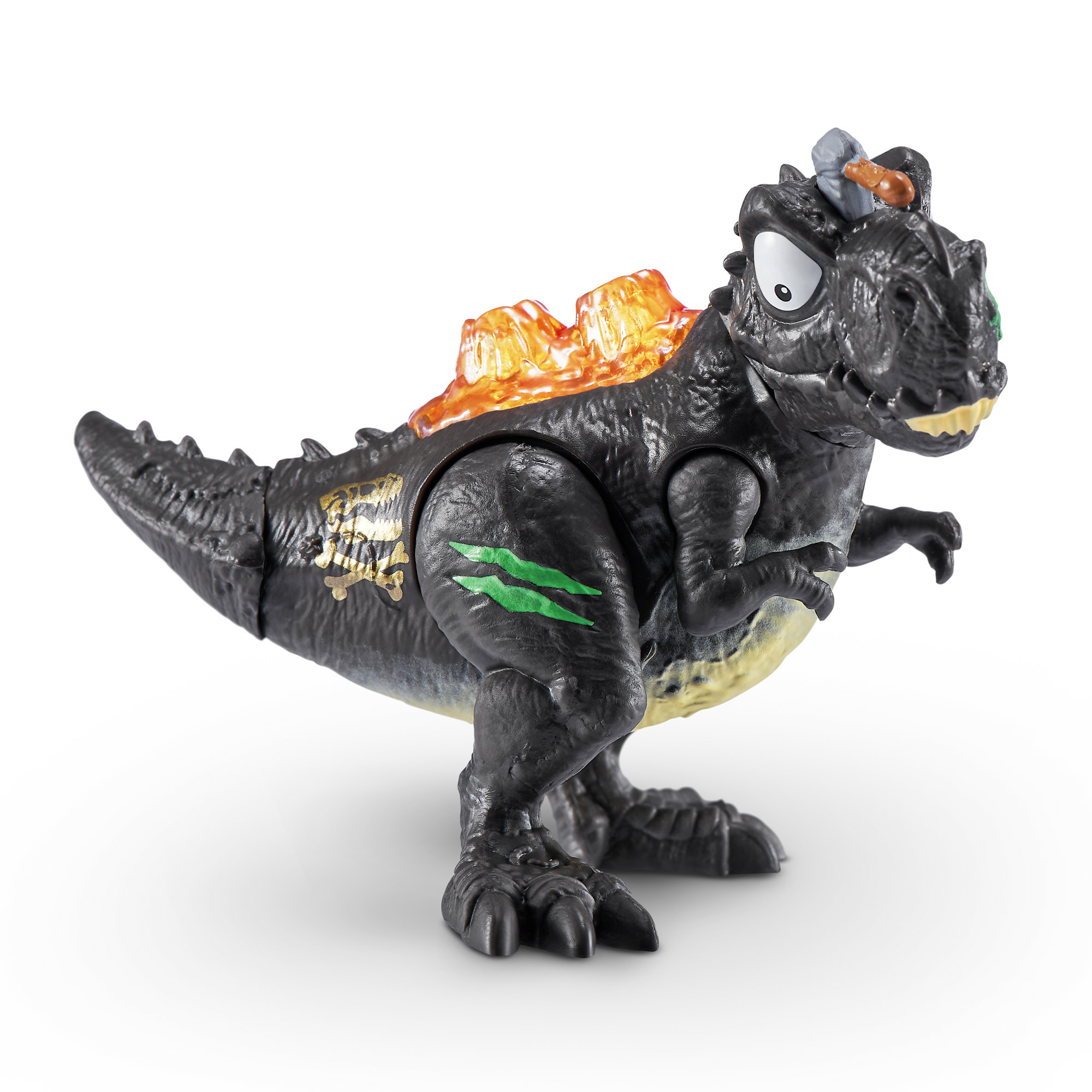 Giocattolo dinosauro nero con dettagli arancioni sulla schiena e graffi verdi.