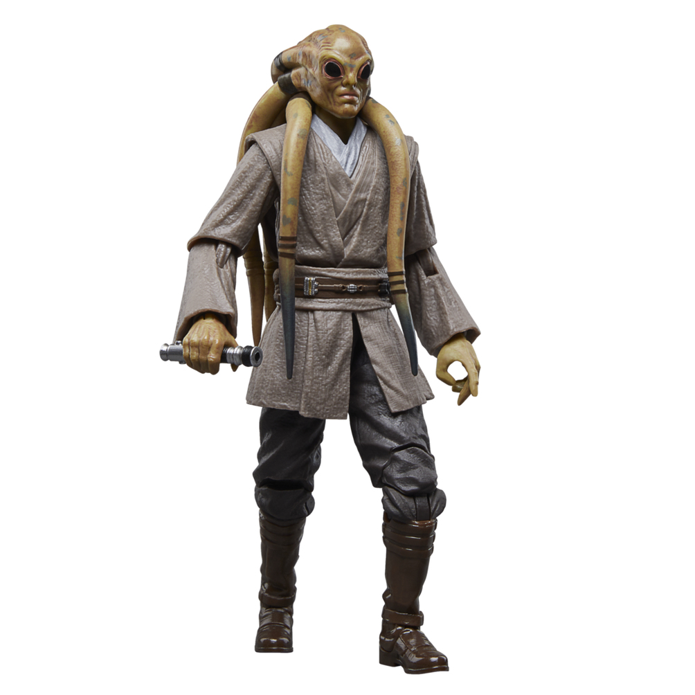 Figurka Star Wars. Mistrz Jedi Kit Fisto trzyma miecz świetlny, ubrany w brązowe szaty.