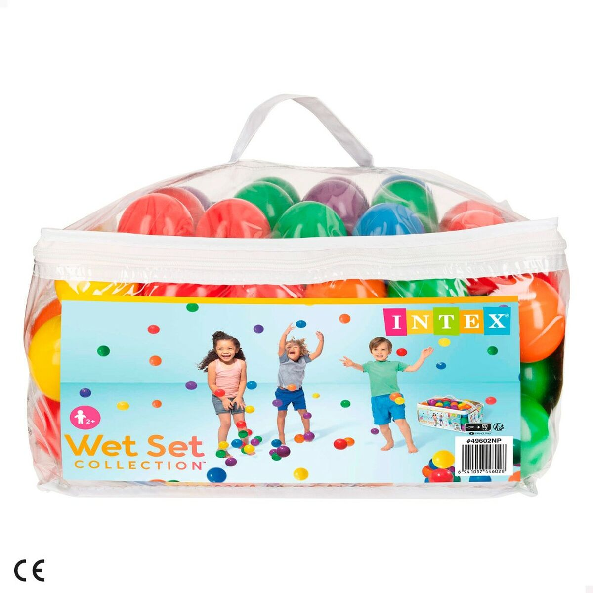 Un paquete de bolas coloridas en una bolsa transparente con ilustraciones de niños. La palabra 'Wet Set Collection' es visible.
