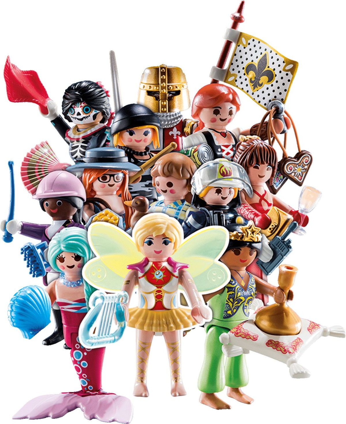 Una collezione di personaggi Playmobil. Sono presenti vari personaggi, tra cui una sirena, una fata e un cavaliere.