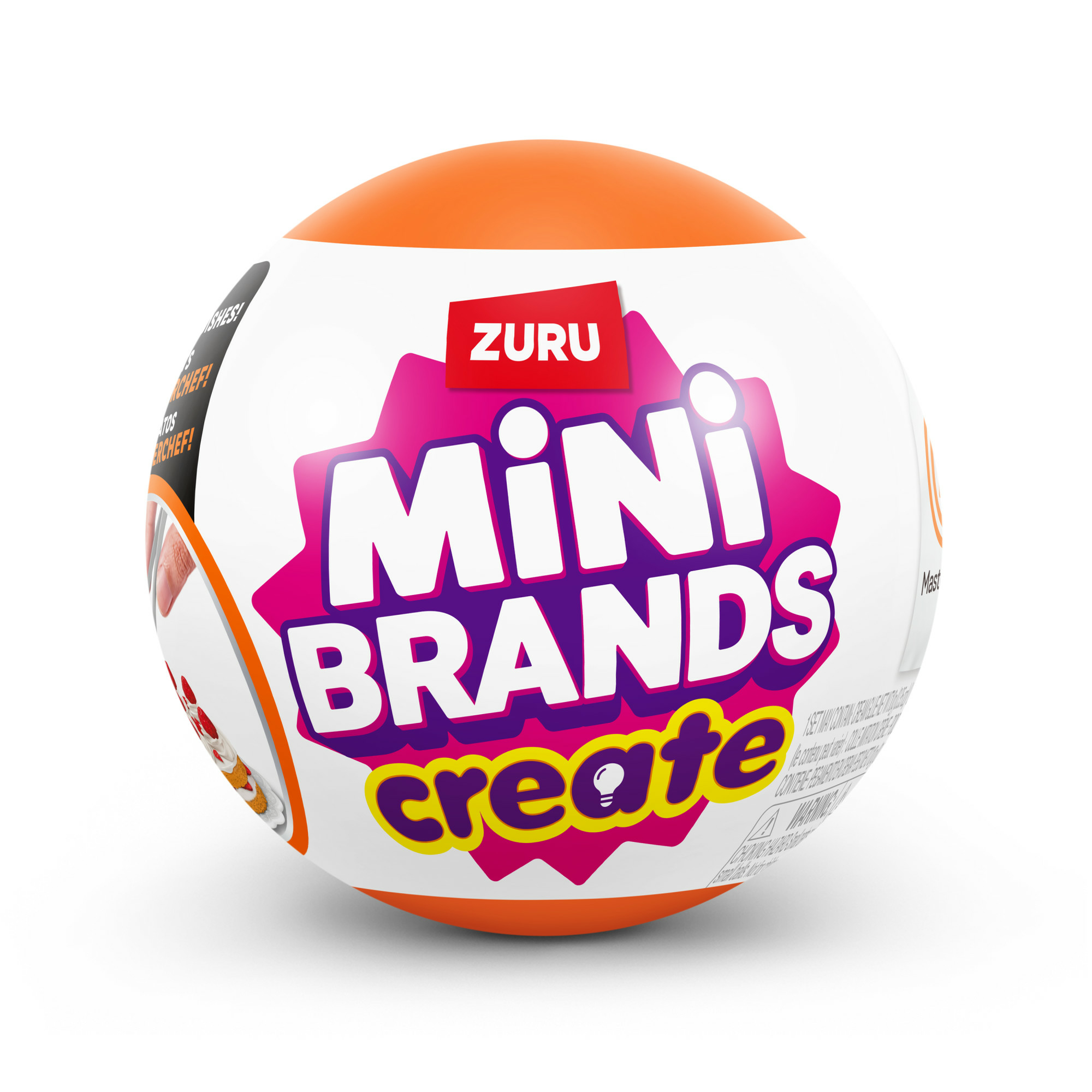 Biała i pomarańczowa zabawka w kształcie kuli z napisem 'MINI BRANDS create'.
