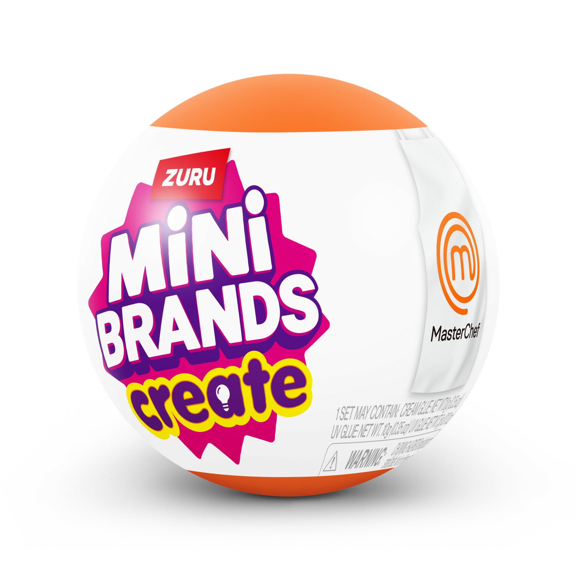 Biało-pomarańczowa piłka Mini Brands Create z logo marki i logo MasterChef.