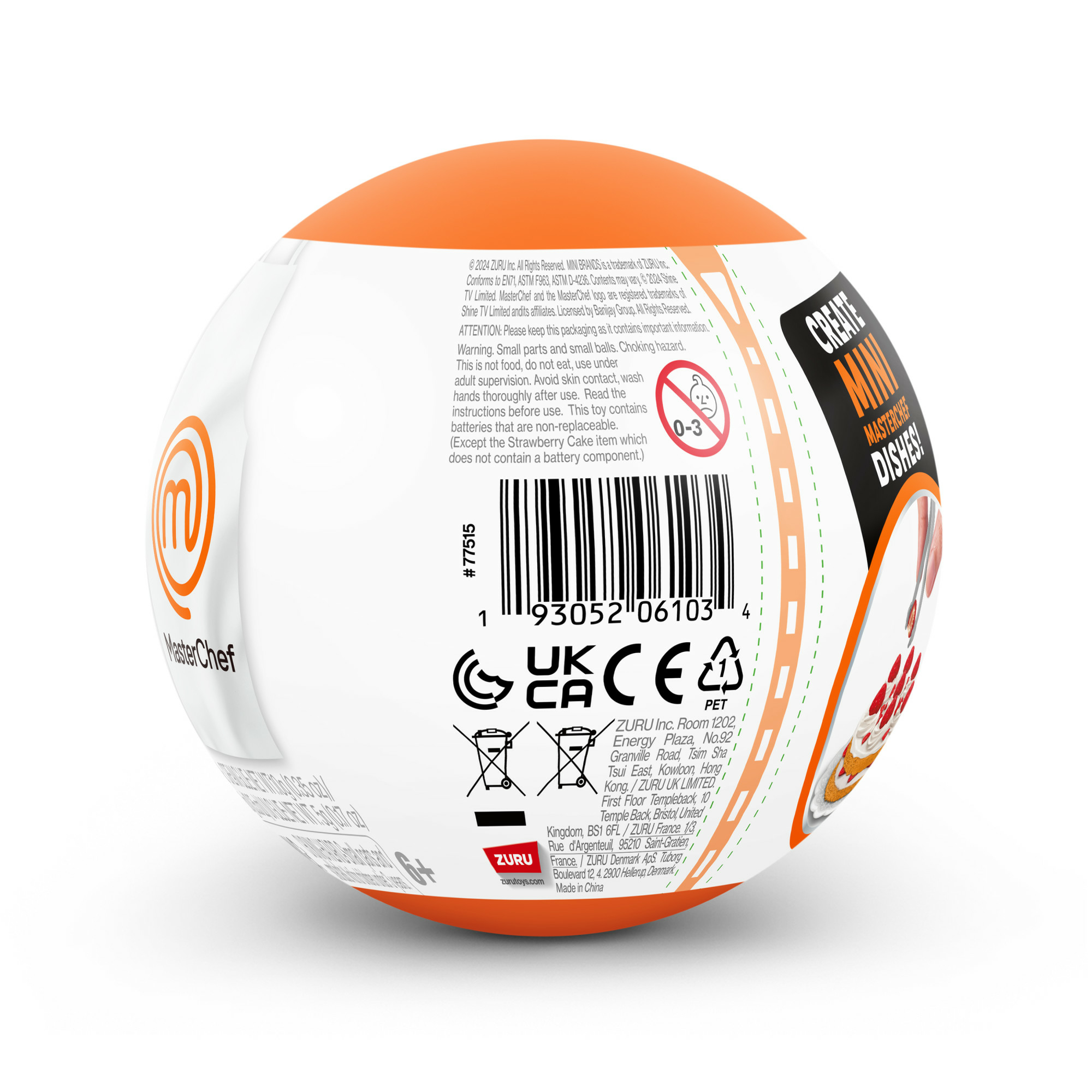 Tył piłki Mini Brands Create z kodem kreskowym, ostrzeżeniami i logo MasterChef.