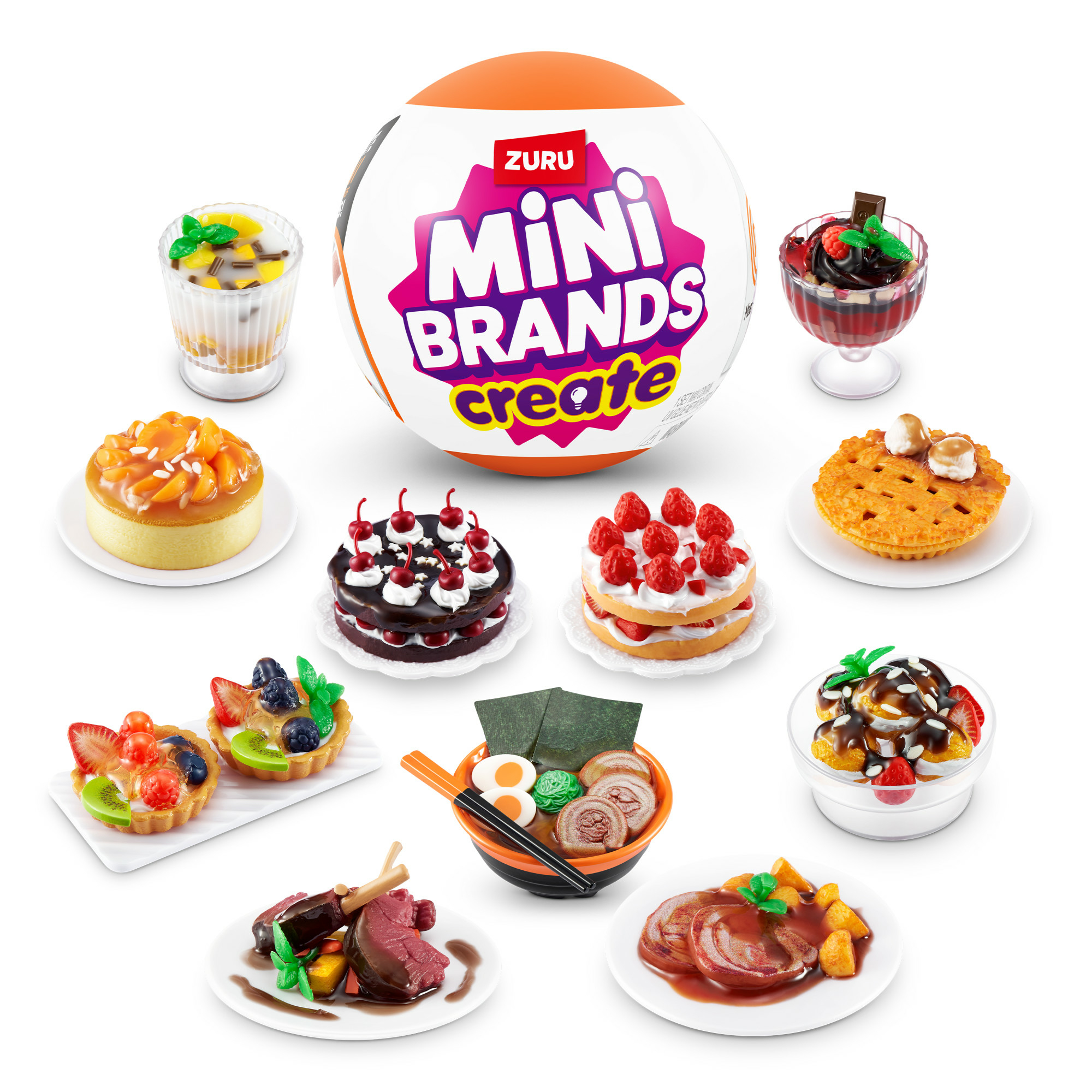 Zabawki Mini Brands Create: desery, ramen i markowa piłka. Wyświetlane są różne miniaturowe produkty spożywcze.