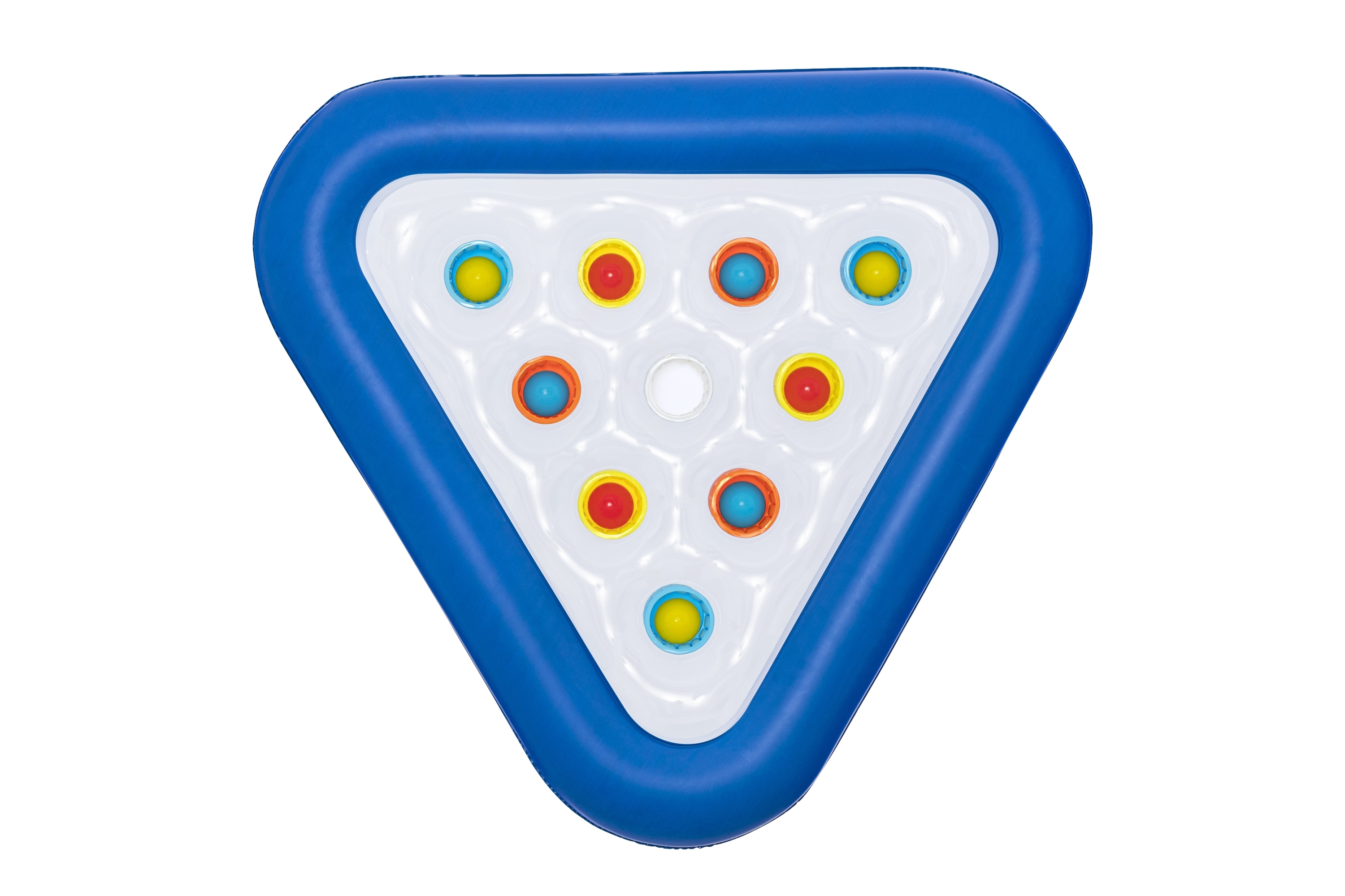 Niebieski, trójkątny basen dmuchany z białymi i kolorowymi piłkami w środku.
