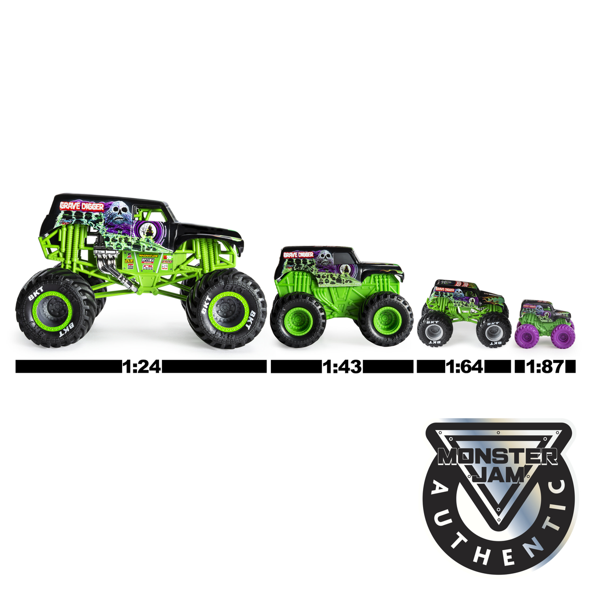 Ciężarówki Monster Jam Grave Digger w różnych rozmiarach, z logo i oznaczeniami skali.
