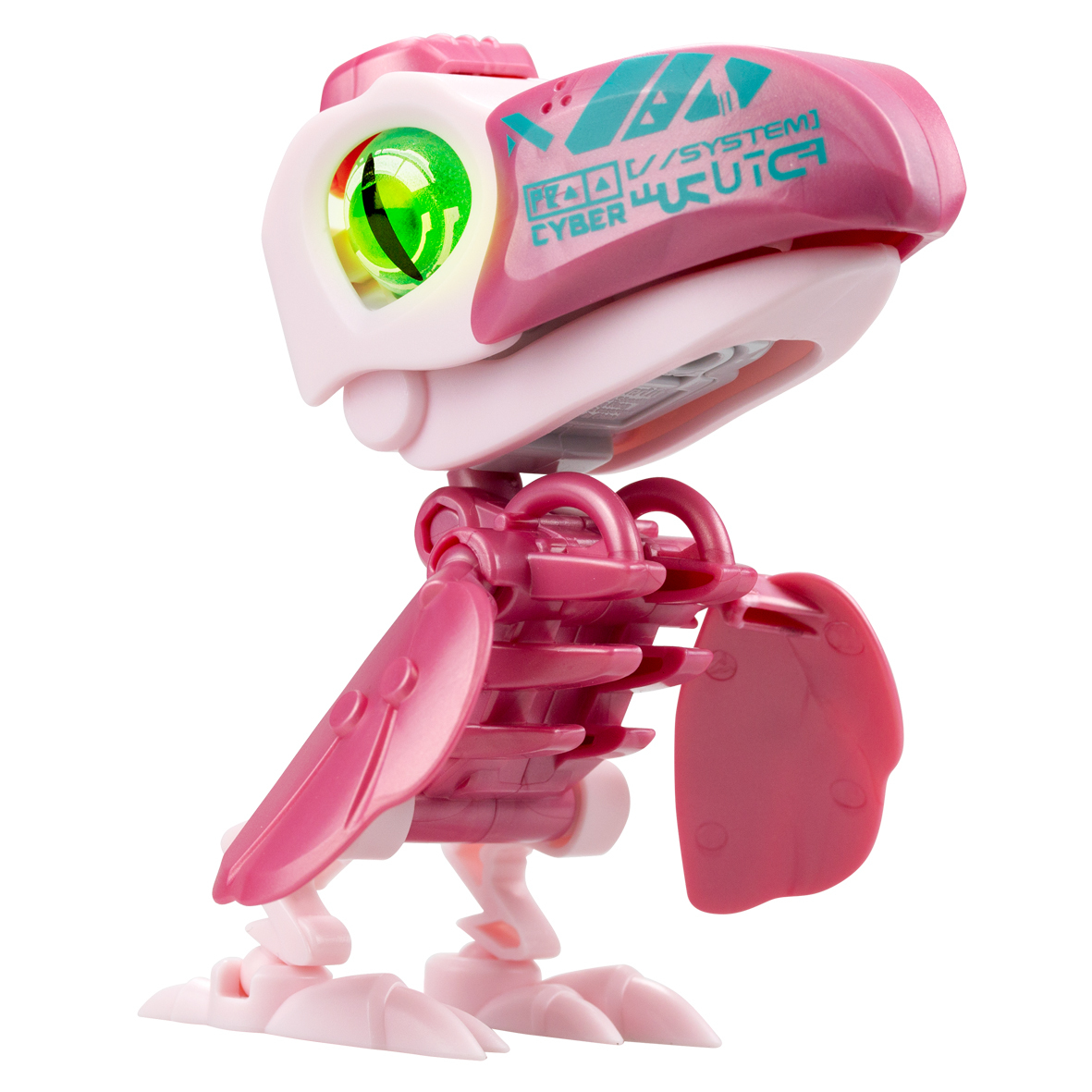 Pájaro de juguete robótico rosa y blanco. Ojo verde e inscripción cibernética. Fondo blanco.