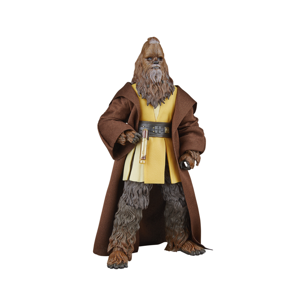 Un personaggio di Chewbacca con una tunica marrone e biancheria intima gialla, in piedi su uno sfondo bianco.