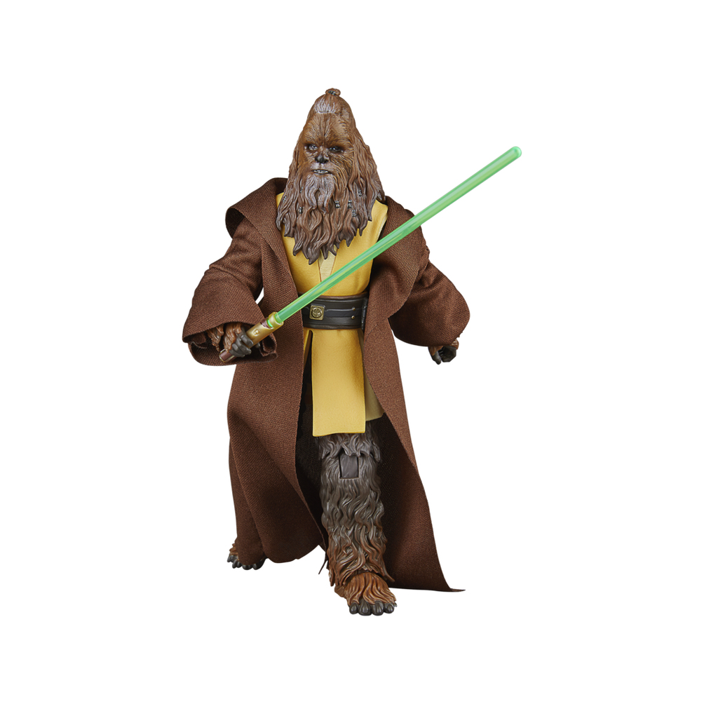 Action figure di Chewbacca con una spada laser verde, che indossa una tunica marrone e biancheria intima gialla.