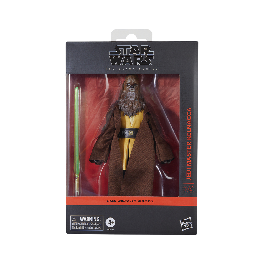 Action figure di Star Wars in scatola, Maestro Jedi Kel Nacca, con spada laser, tunica marrone, tunica gialla.