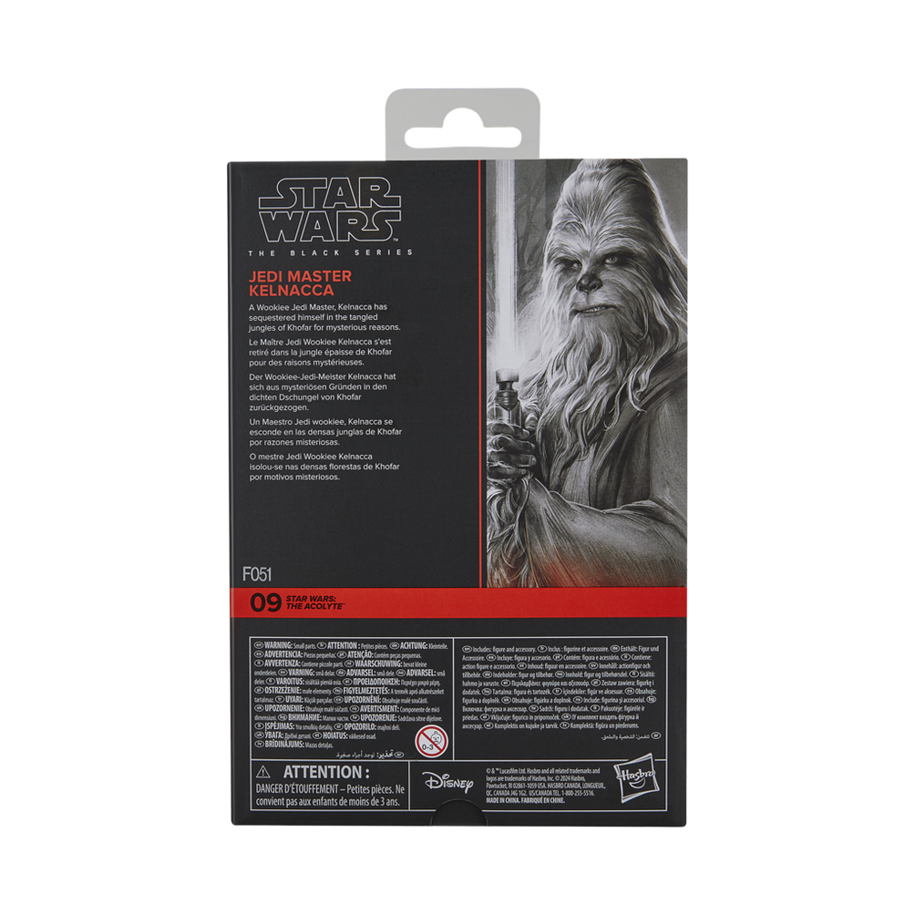 Retro di una scatola di action figure di Star Wars, Maestro Jedi Kel Nacca, con testo e avvertenze.