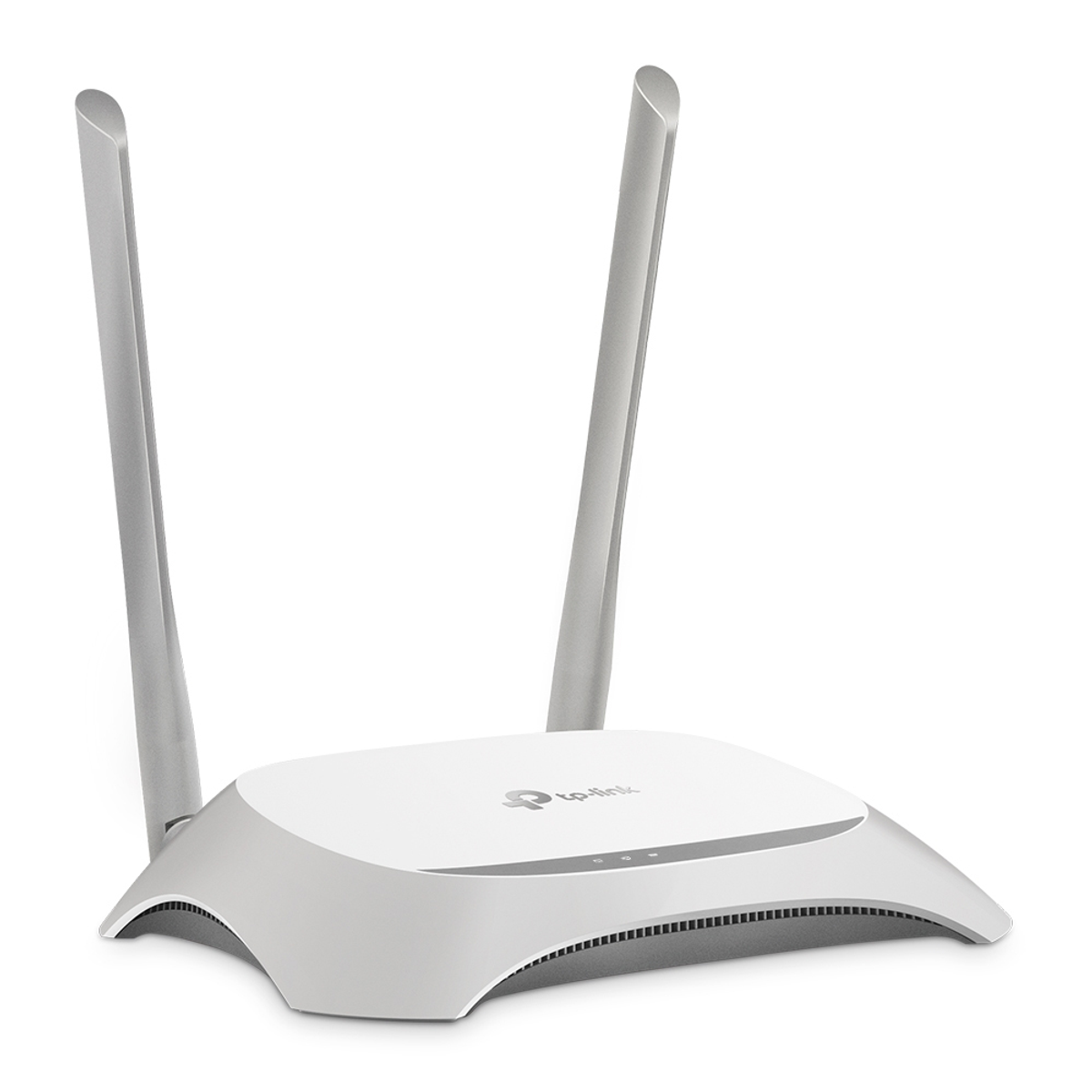 Biały router TP-Link z dwiema antenami. Białe tło.