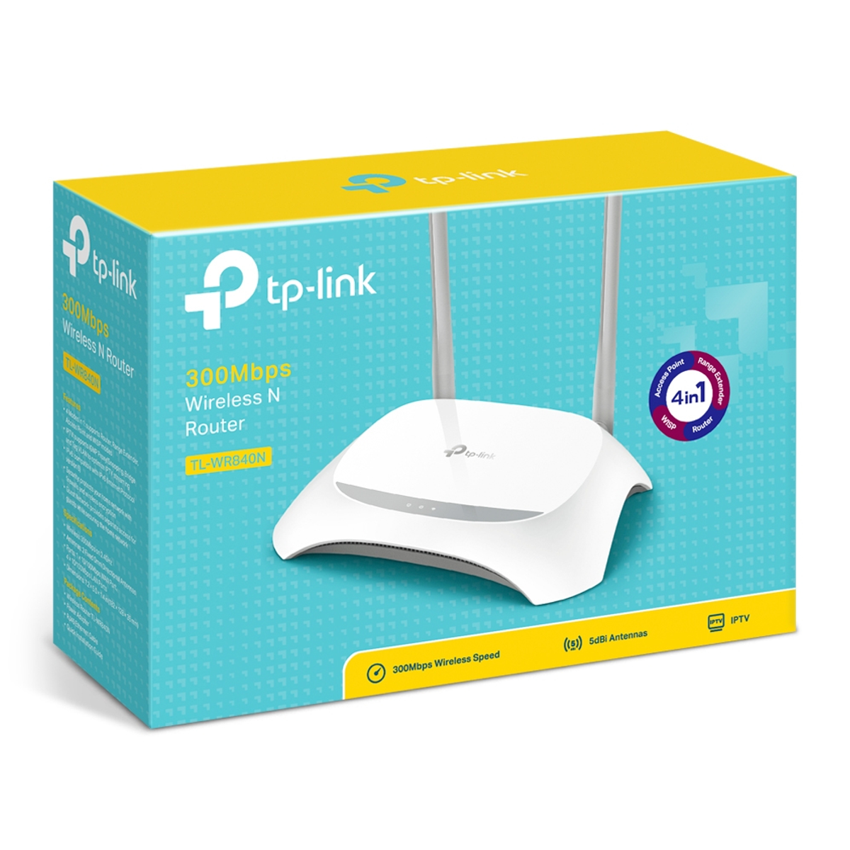 Białe pudełko routera TP-Link. Pudełko jest białe i turkusowe z informacjami o produkcie. Białe tło.