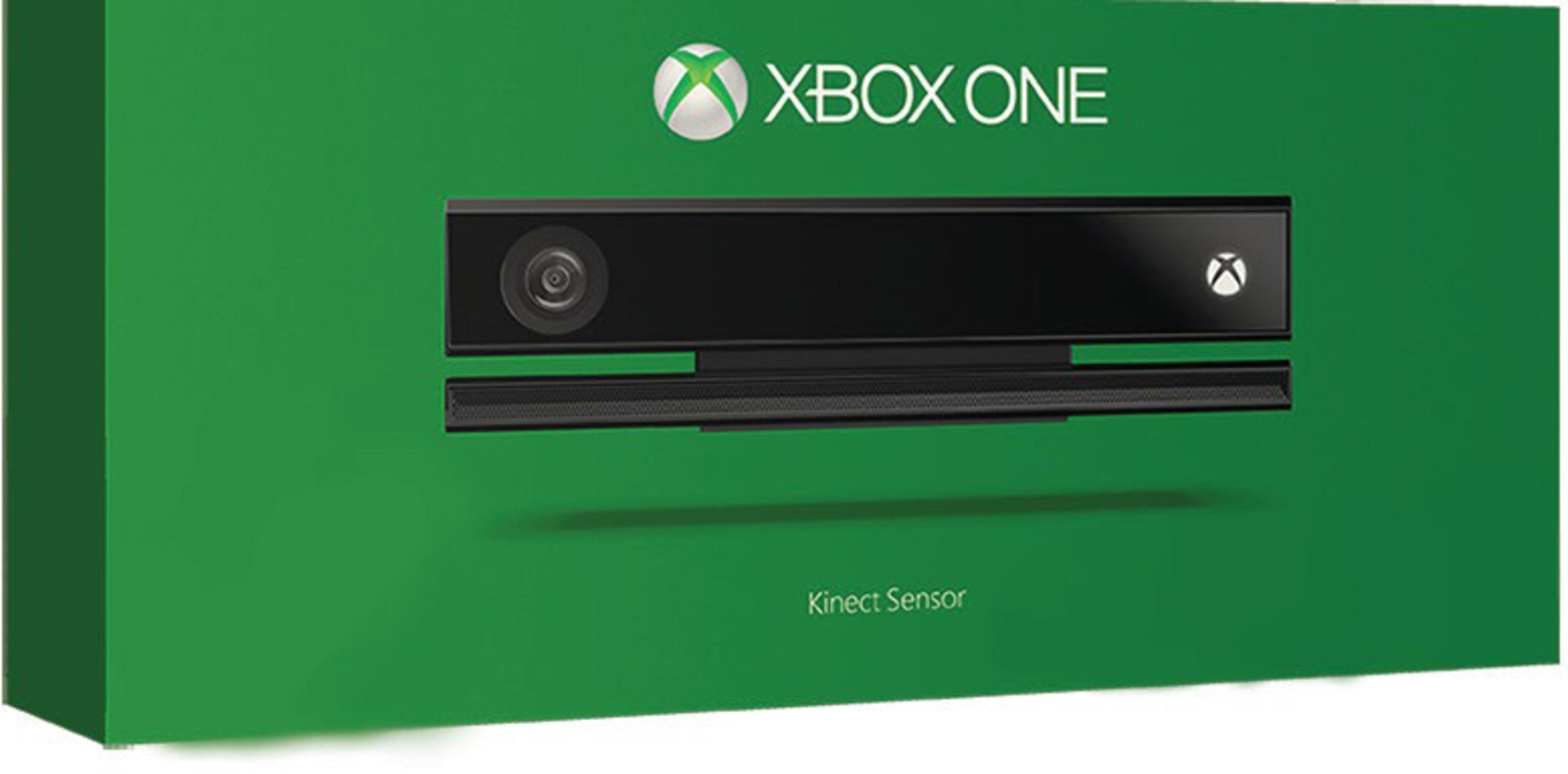 Grüne Box mit dem Xbox One Kinect Sensor. Der Sensor ist schwarz.