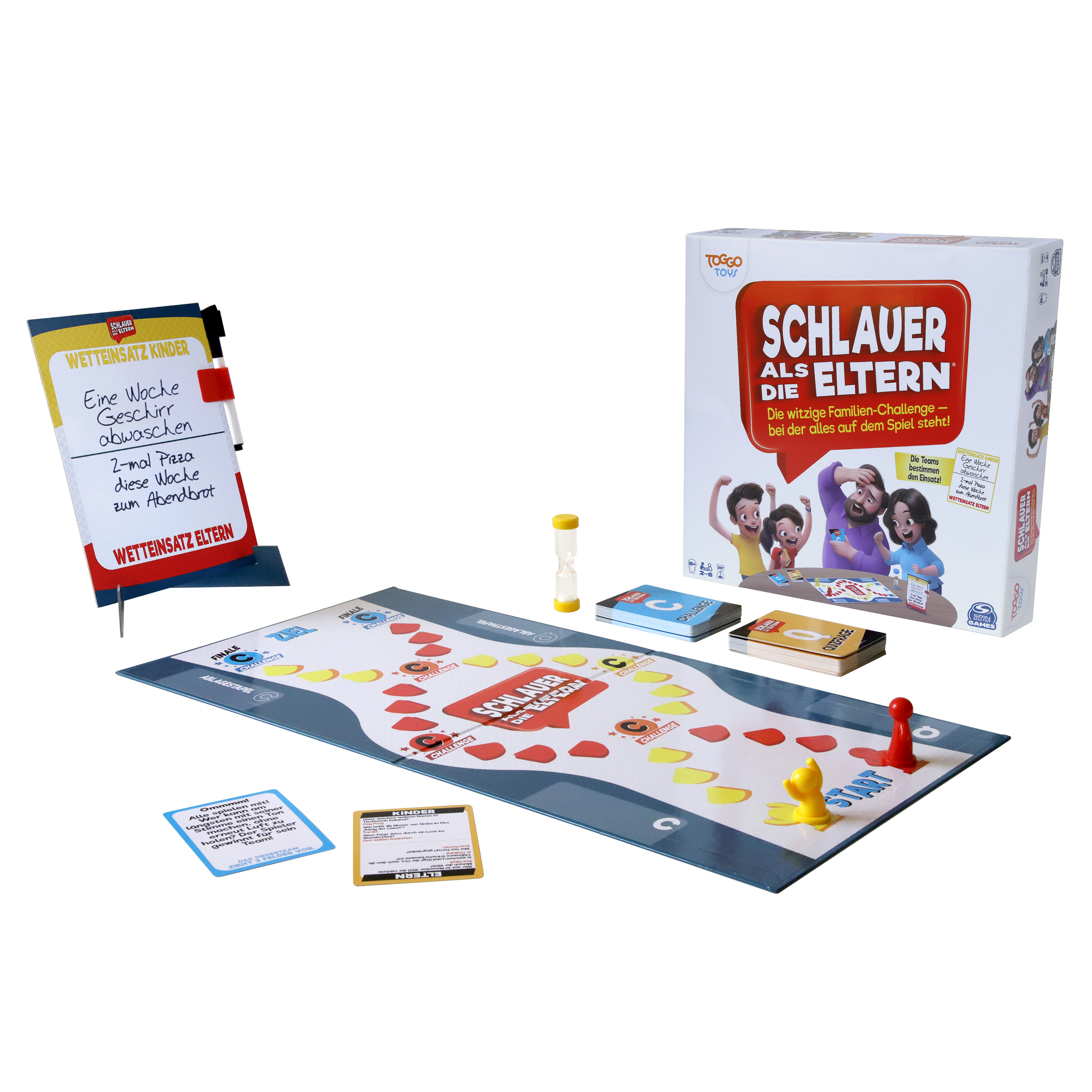 Brettspiel mit Spielbrett, Karten und Figuren, und die Schachtel sagt 'Schlauer als die Eltern'.