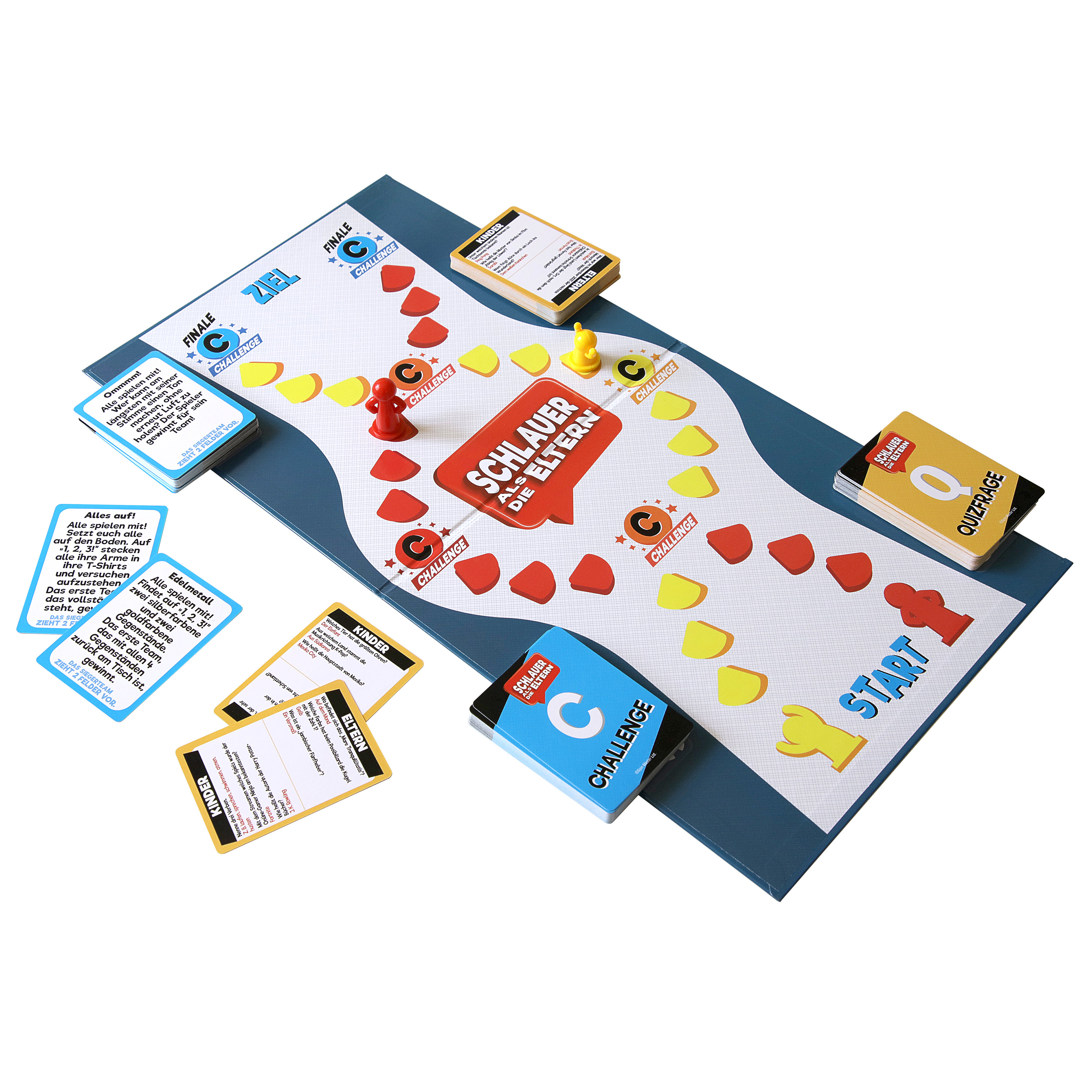 Brettspiel mit Spielbrett, Karten und Spielsteinen.