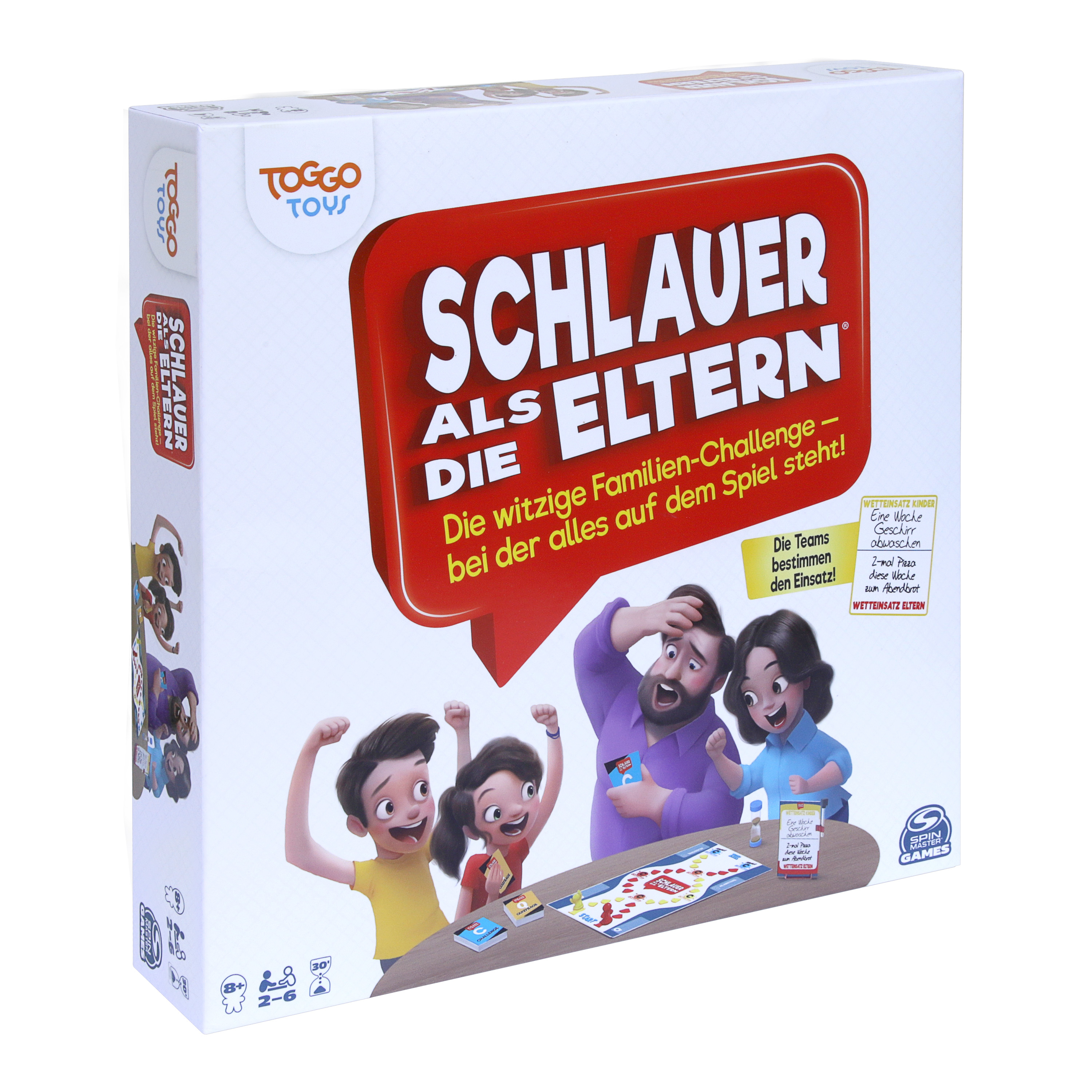 Brettspielbox mit Comicfiguren und Text: SCHLAUER ALS ELTERN.
