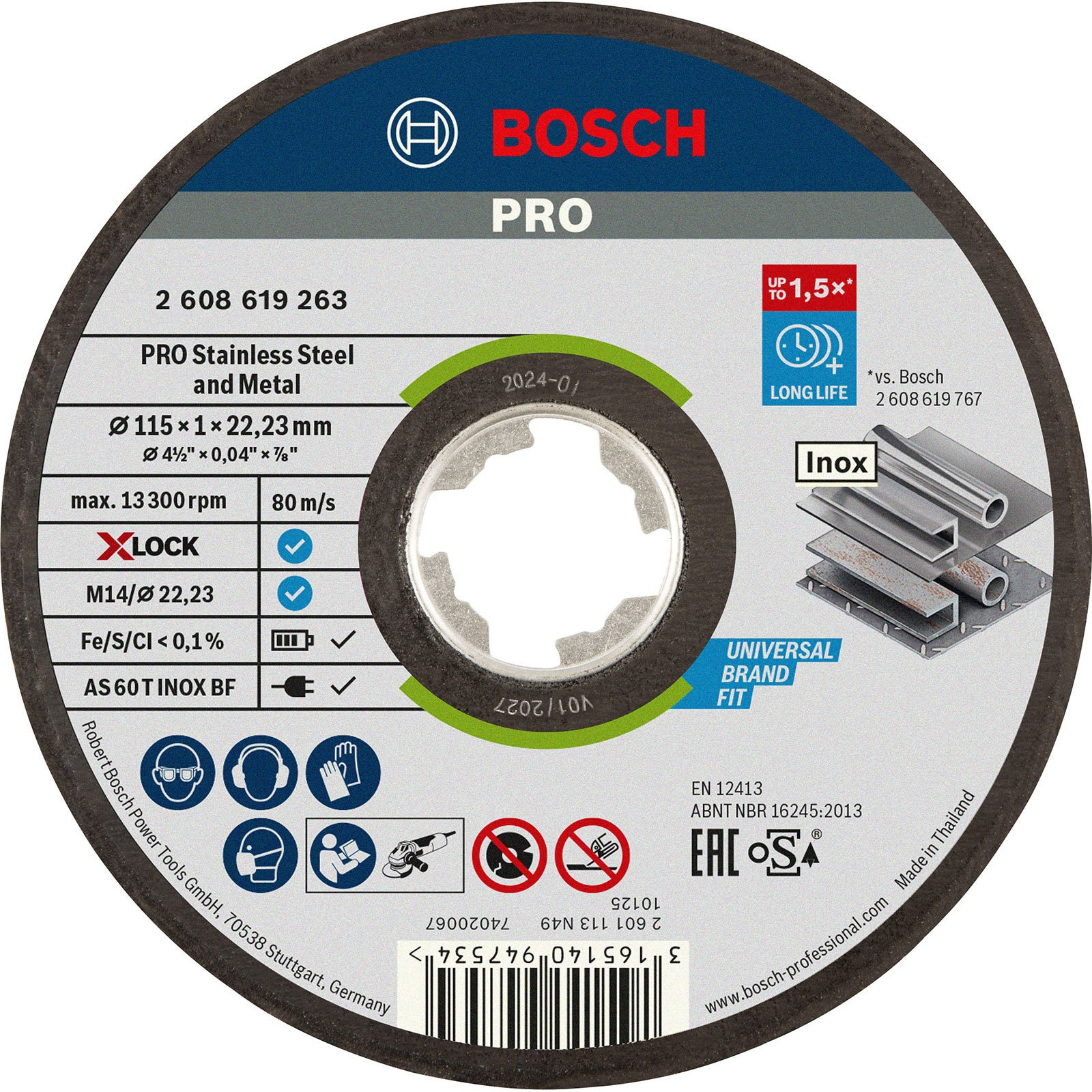 Circular cutting disc with text, including 'PRO' and 'Inox'.