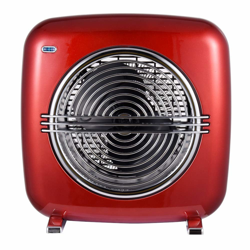 Un ventilatore quadrato rosso con una griglia circolare e finiture argentate.