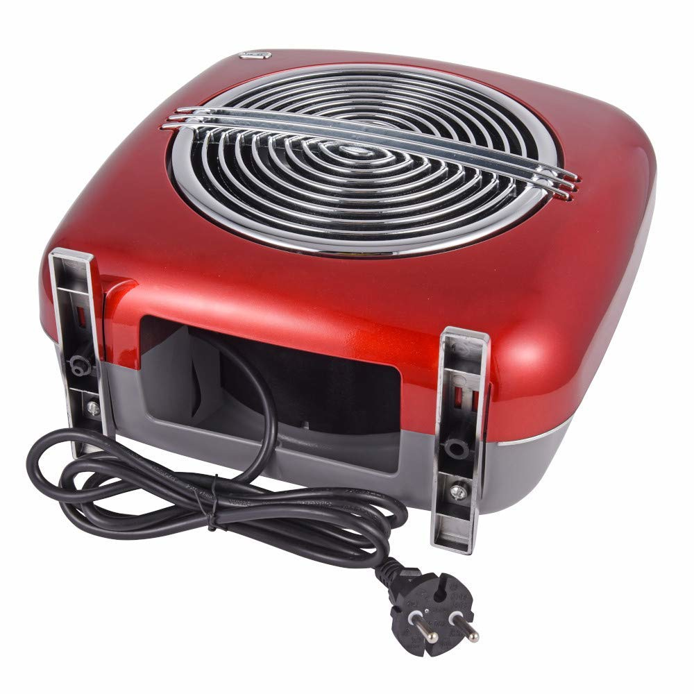 Un ventilatore elettrico rosso e grigio con un cavo di alimentazione nero.