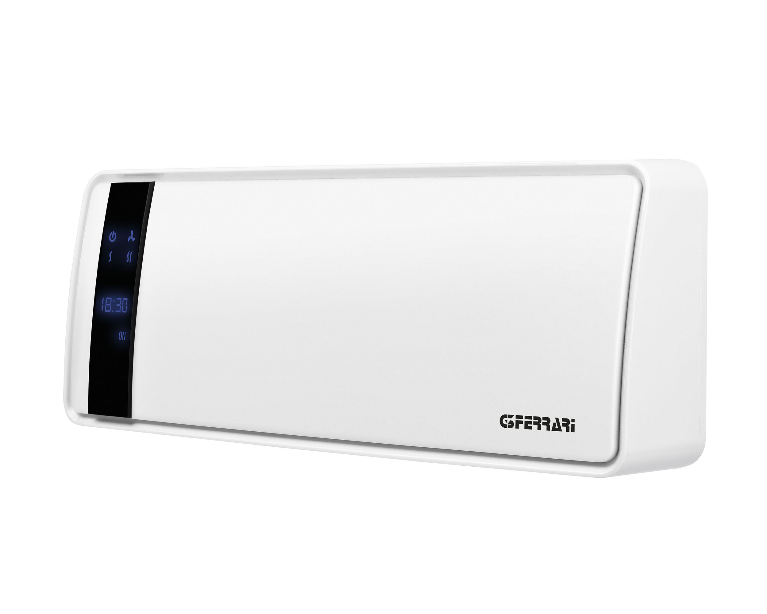 Biały klimatyzator montowany na ścianie z czarnym panelem wyświetlacza.