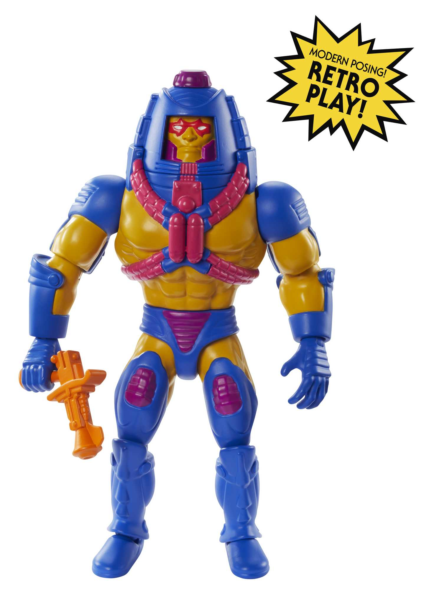 Eine Spielfigur eines Superhelden mit Helm und orangefarbener Waffe, weißer Hintergrund.