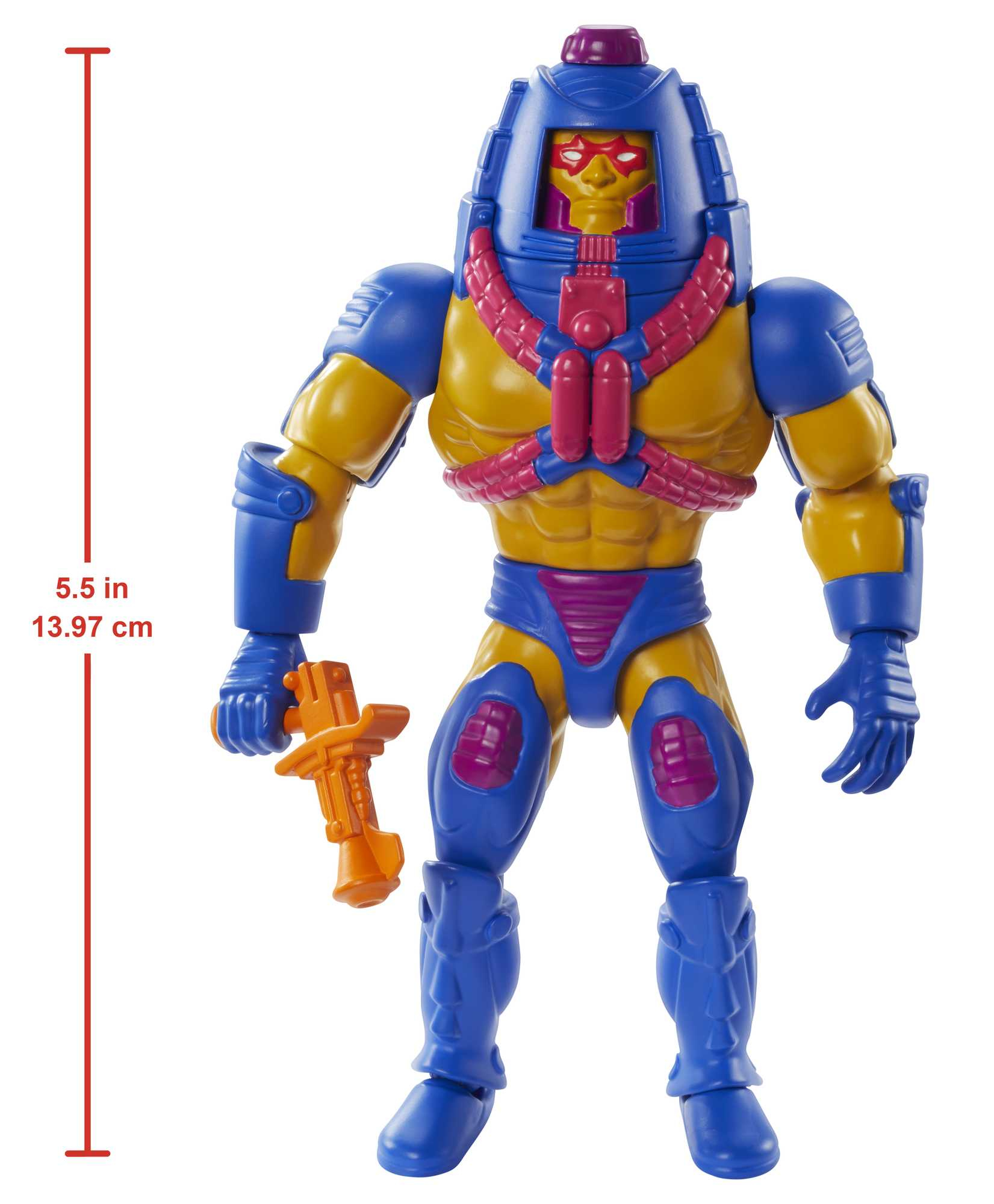 Eine farbenfrohe Actionfigur mit blauem Helm und Brust. Sie hält eine Waffe. Sie ist 5,5 Zoll groß.