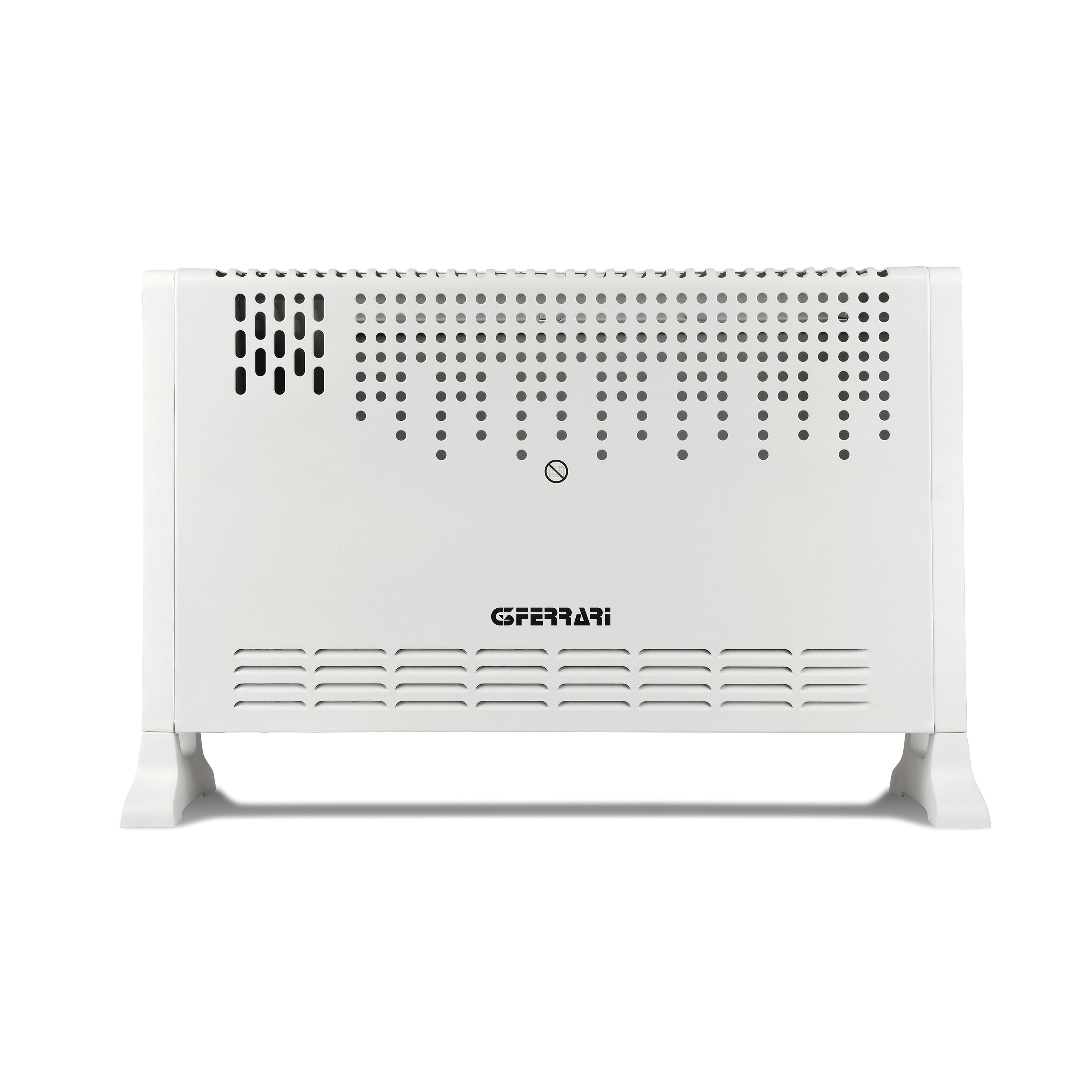 Biały grzejnik elektryczny. Marka GFERRARI widoczna na froncie urządzenia.