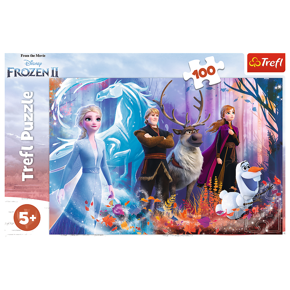 Puzzle Frozen II, Elsa, Anna, Kristoff, Sven i Olaf w leśnej scenerii, z 100 elementami.