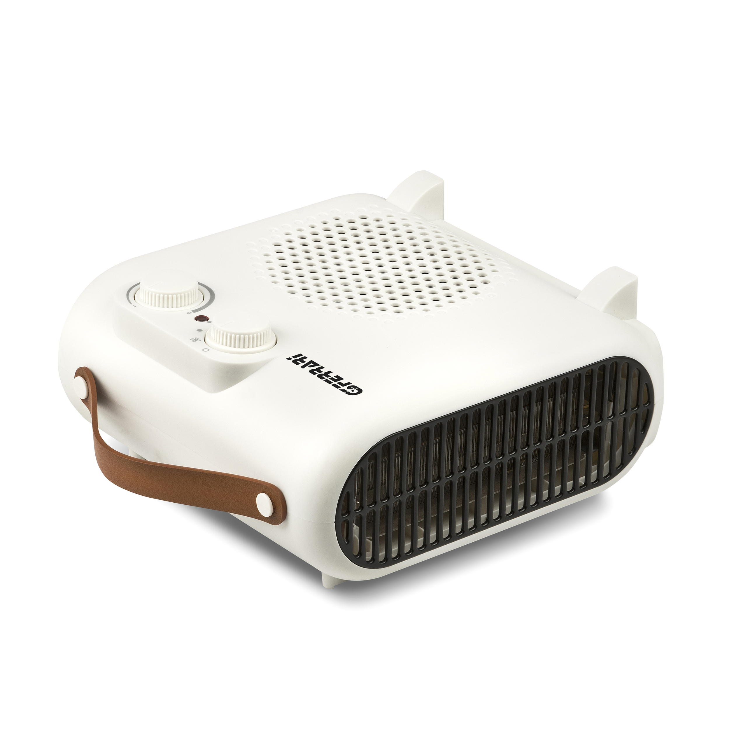 Termoventilatore elettrico bianco con manico marrone. Ha due manopole sopra e una griglia frontale. Isolato su bianco.