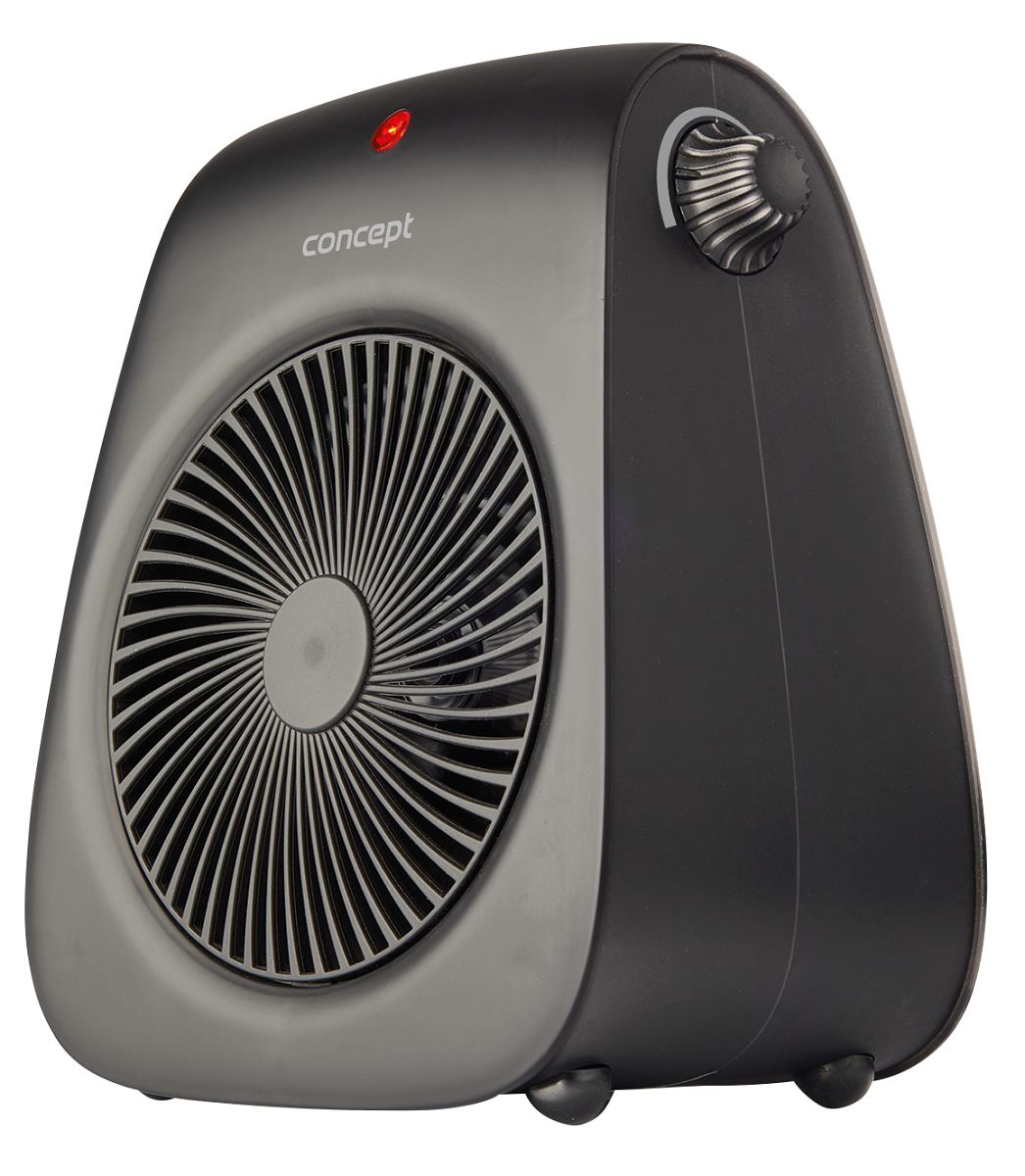 Un termoventilatore elettrico Concept nero e grigio con ventola e quadrante. Luce rossa sopra.