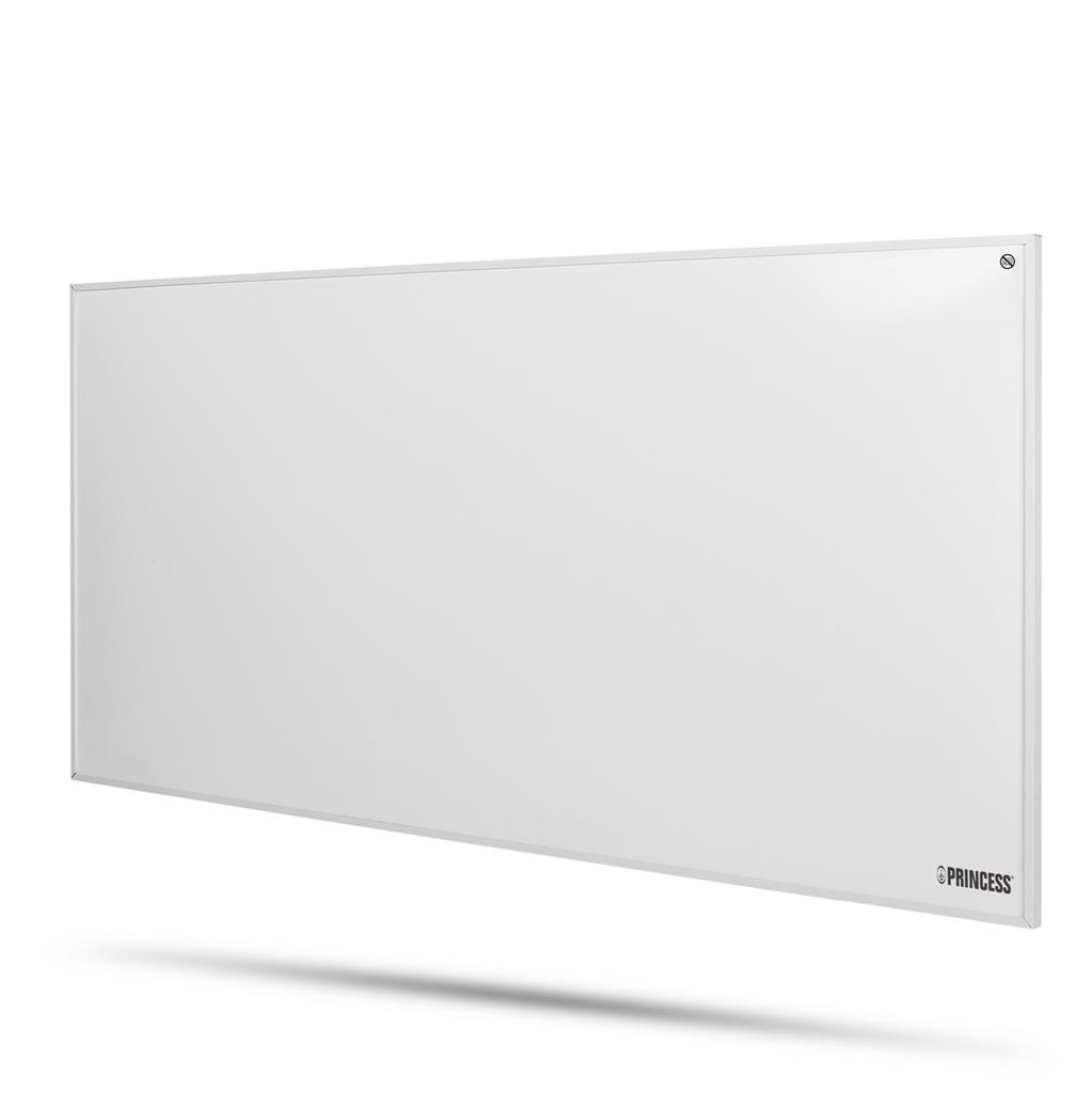 Un termoventilatore elettrico rettangolare bianco del marchio Princess con logo nero e sfondo bianco.