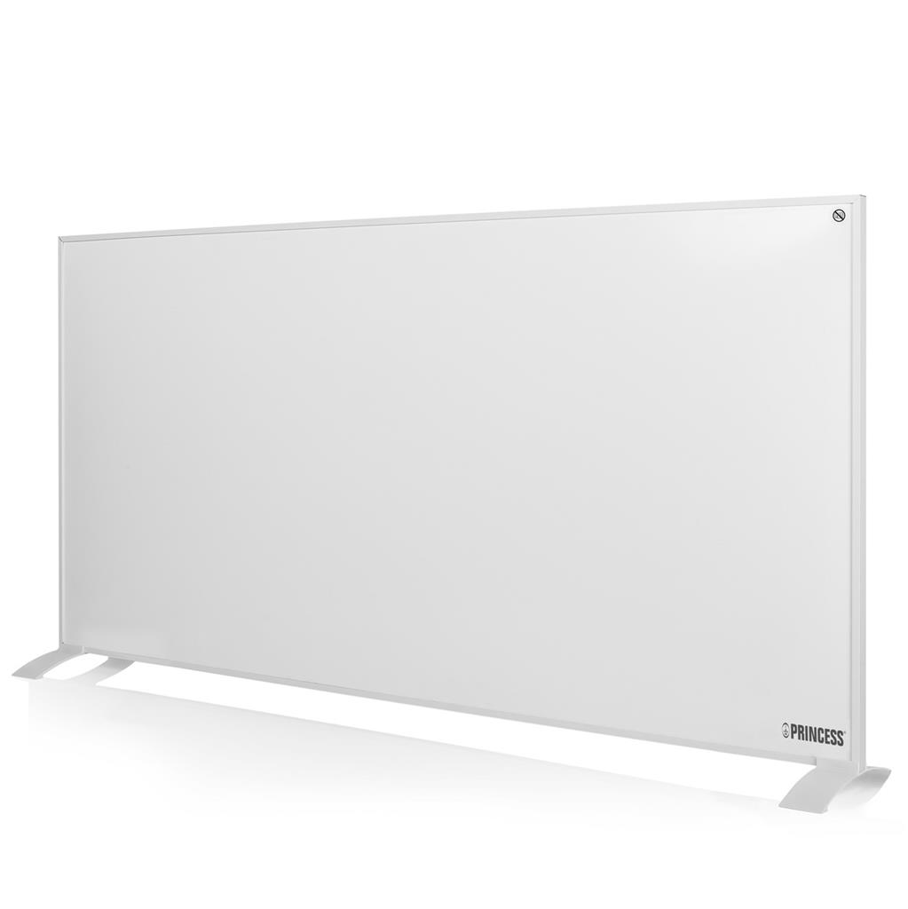 Termoventilatore elettrico rettangolare bianco con gambe, marchio Princess. Su sfondo bianco.