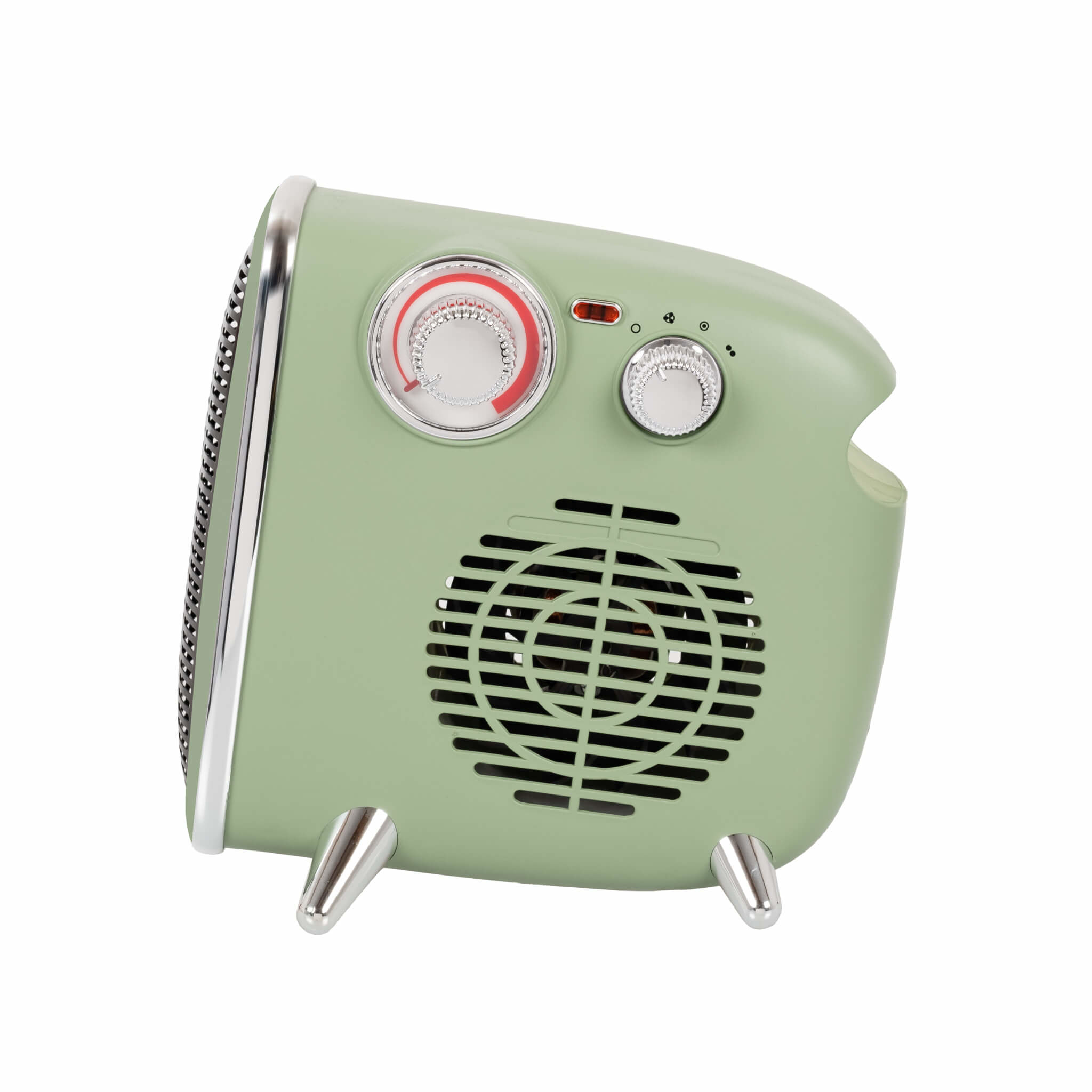 Un termoventilatore elettrico verde in stile retrò ha quadranti, una griglia e finiture cromate su sfondo bianco.