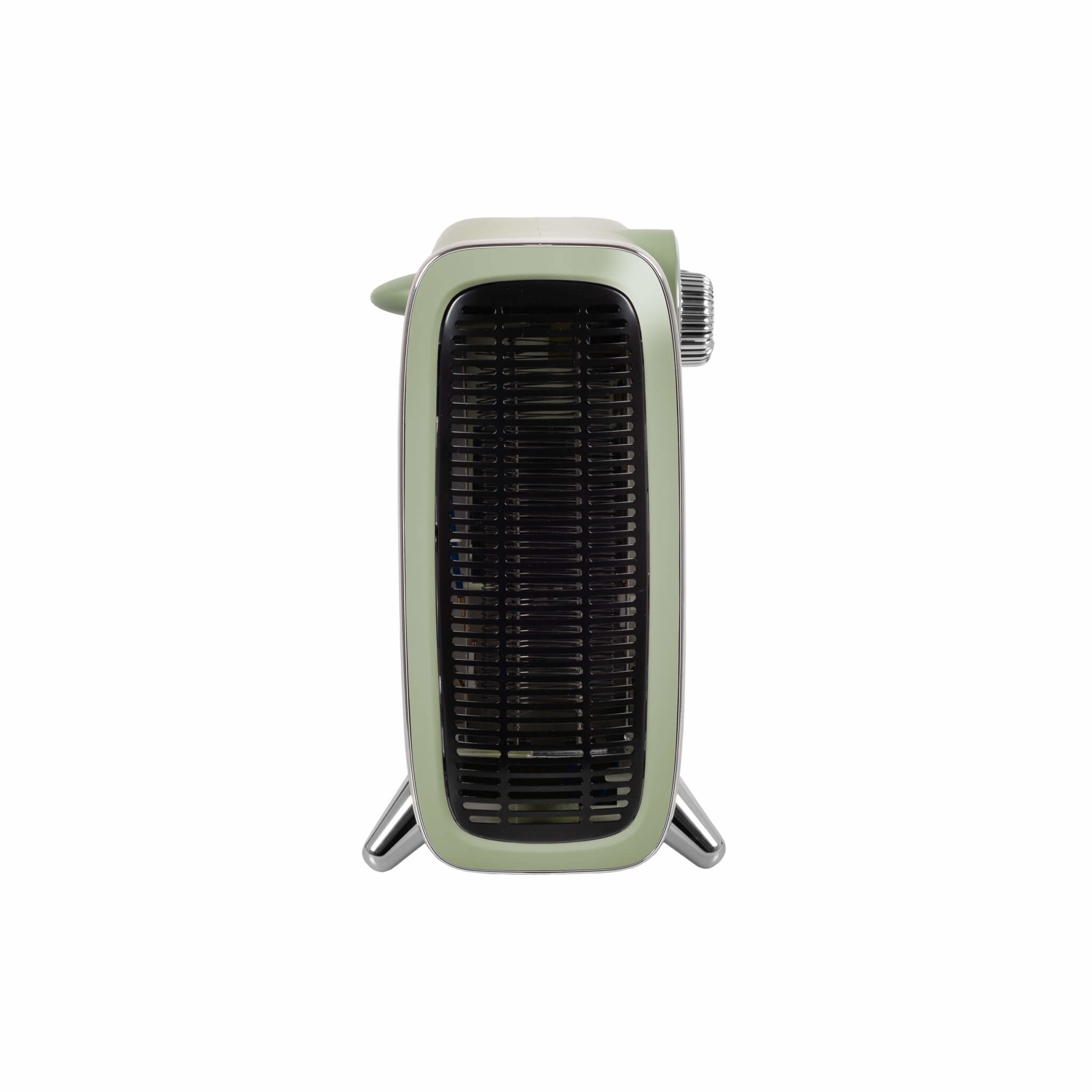 Termoventilatore verde, vista laterale. Ha un design verticale e gambe metalliche.