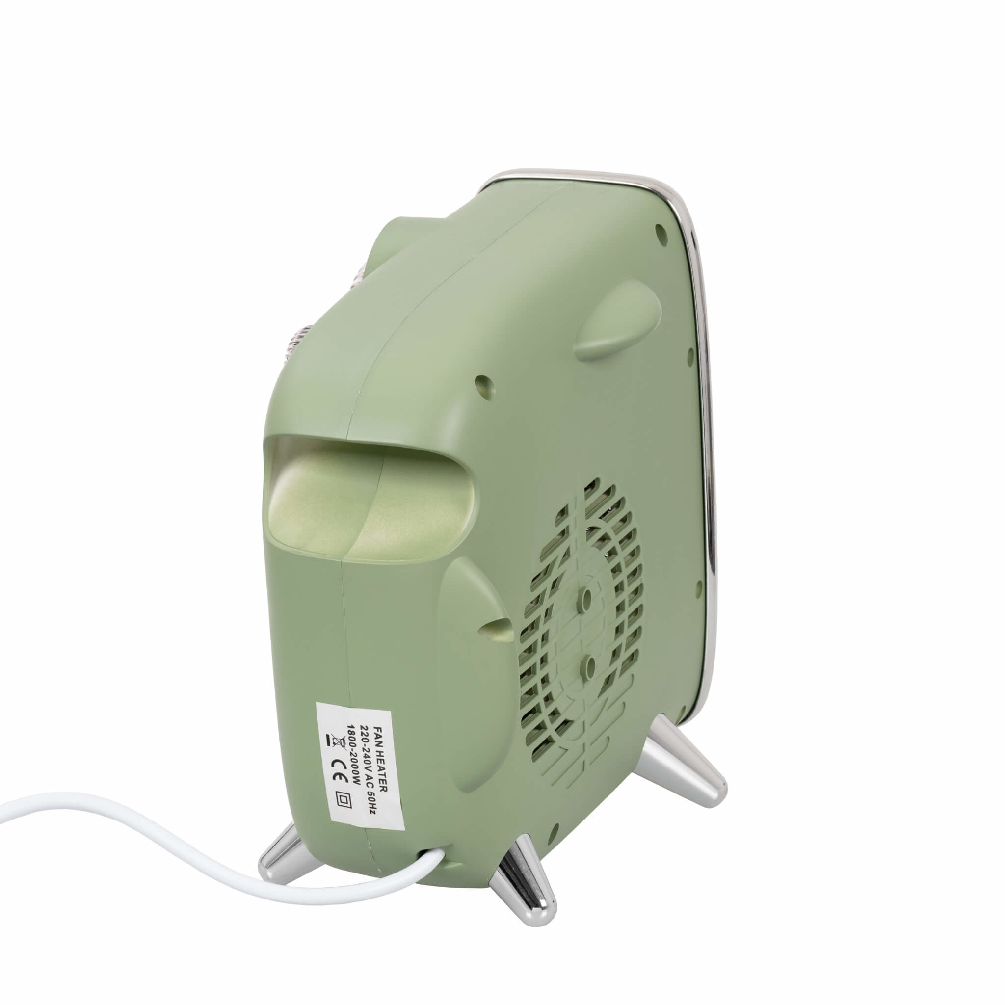 Termoventilatore verde dalla parte posteriore. Include un cavo di alimentazione bianco e ventilazione.